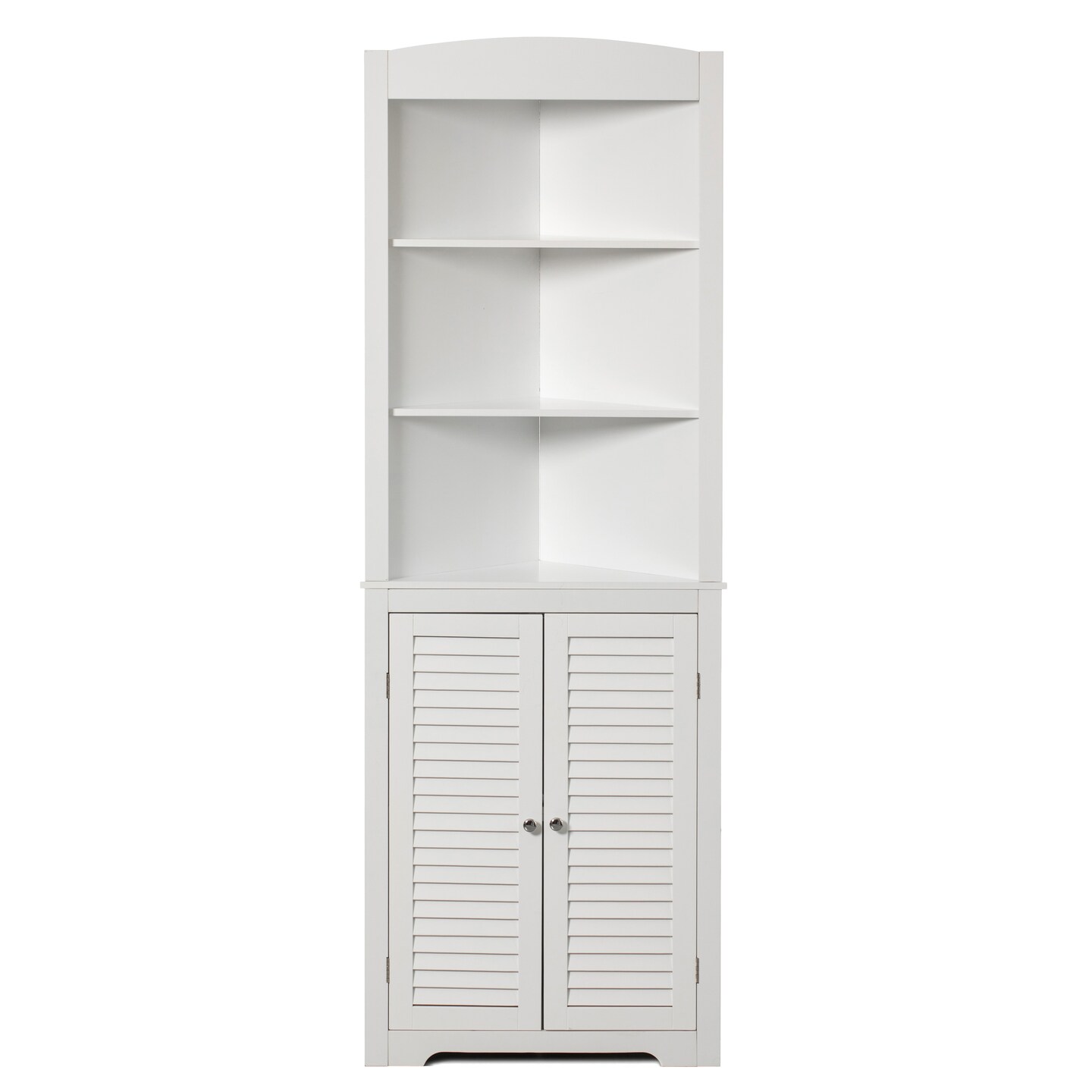 White Standing Storage Corner Cabinet Organizer with 3 Open Shelf and Double Shutter Doors