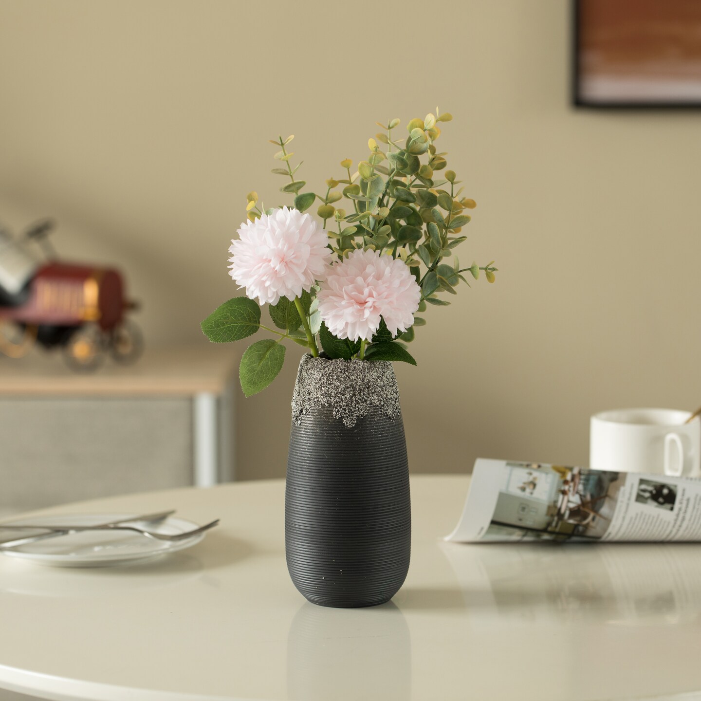 Modern Farmhouse Home D&#xE9;cor Accents; Boho Vases for Table Decor, Housewarming Gifts, Black Ceramic Table Vase with Dripping Crystal Look and Scalloped Opening Design
