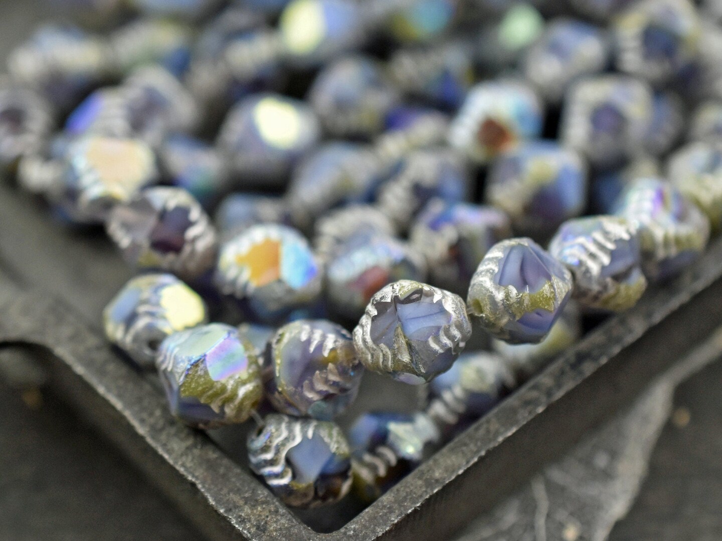 *15* 10x8mm Antique  Silver Washed Cornflower Violet AB Faceted Bicone Beads