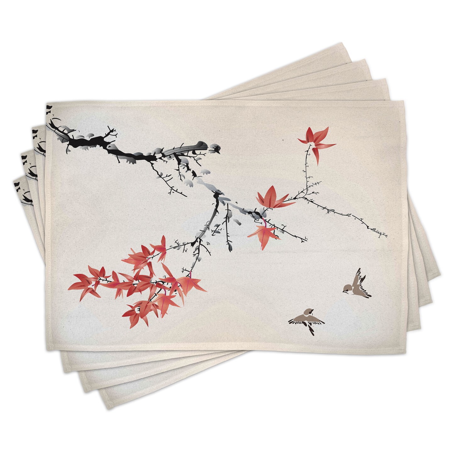 Ambesonne Japanese Place Mats Set of 4, Cherry Blossom Sakura Tree Branches Romantic Spring Themed Watercolor Picture, Washable Fabric Placemats for Dining Table, Standard Size, Black and Coral