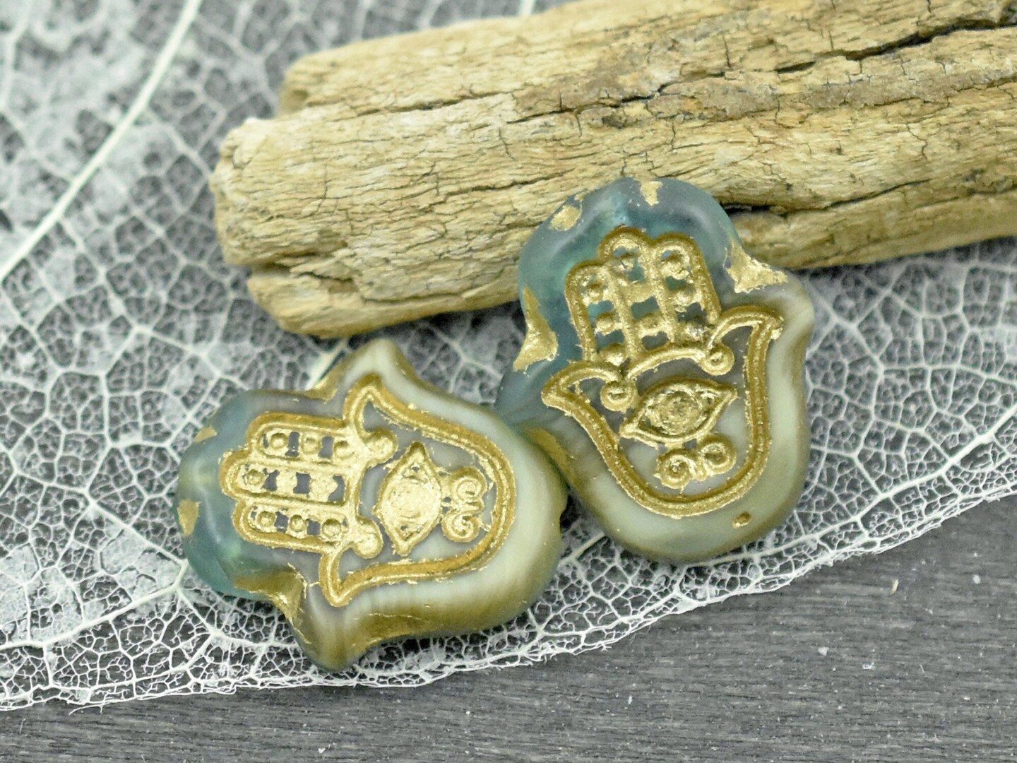 *4* 15x14mm Golden Bronze Washed Matte Beige Aqua Hamsa Hand Beads