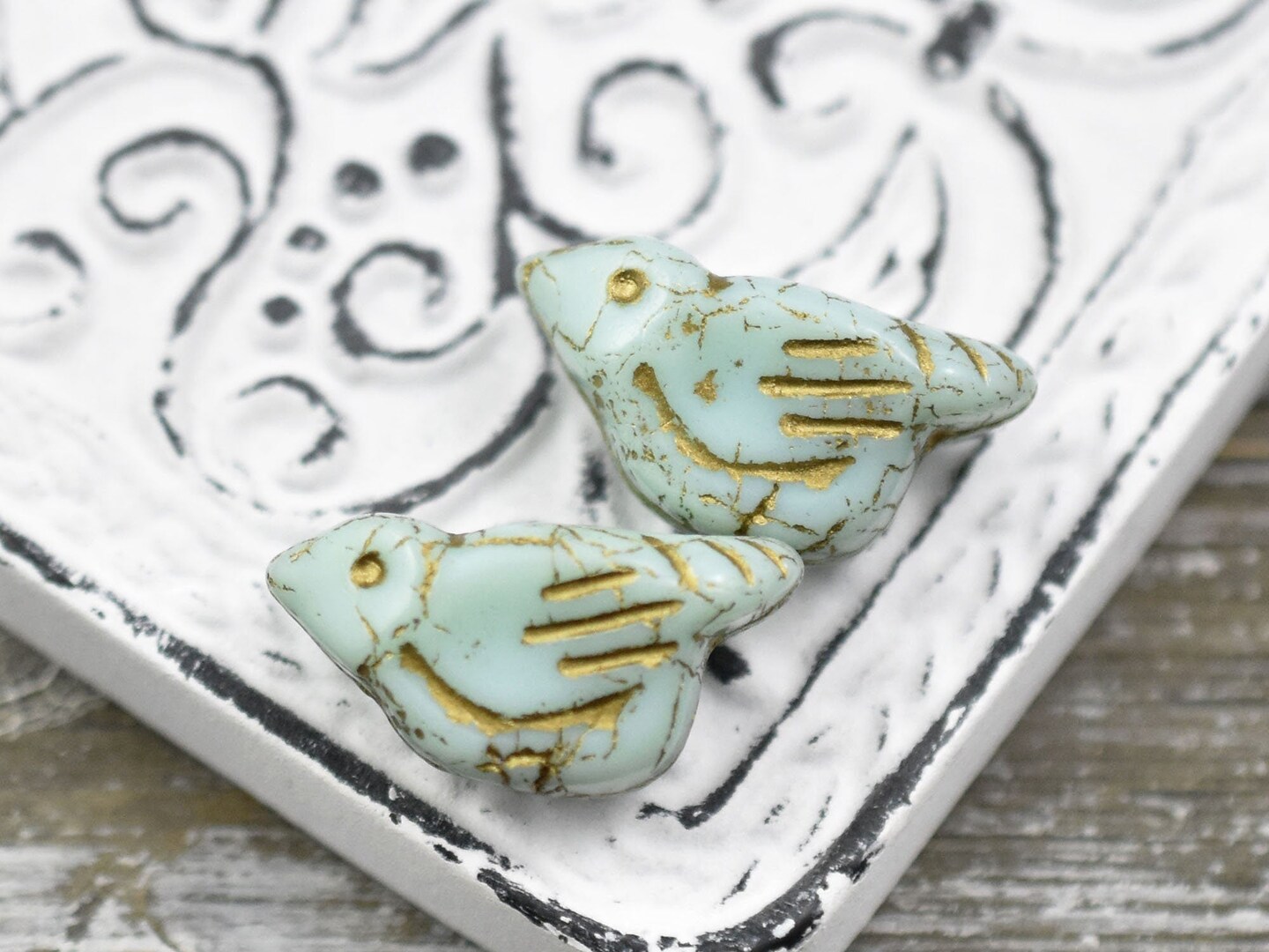 *2* 11x22mm Gold Washed Mint Green Bird Beads