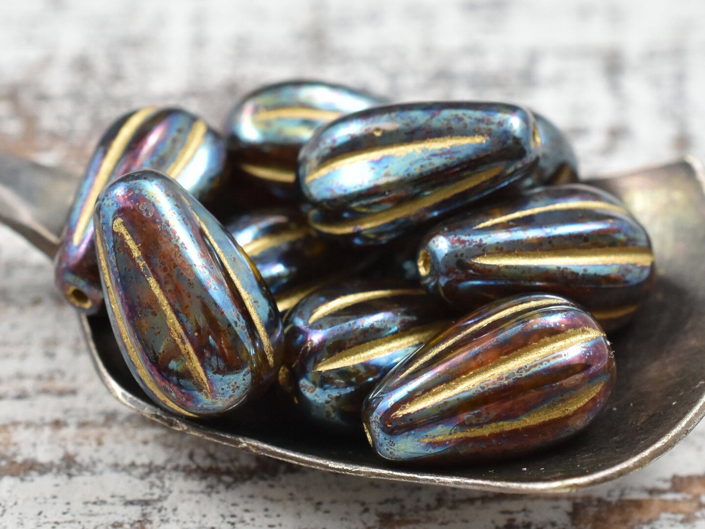 *6* 8x12mm Bronze Washed Root Beer Amber Iris Melon Drop Beads