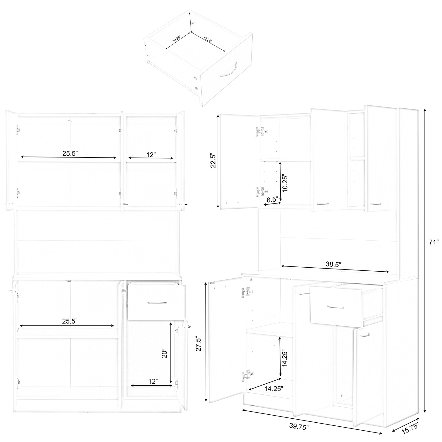 Wooden Kitchen Pantry Storage Cabinet with Drawer, Doors and Shelves, White