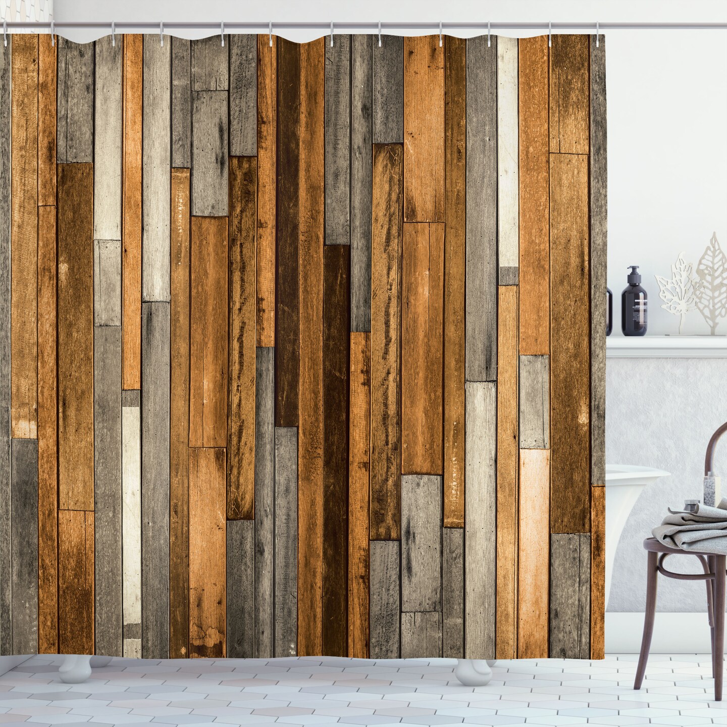 Ambesonne Wooden Print Shower Curtain, Brown Old Hardwood Floor Plank Grunge Lodge Garage Natural Rural Graphic, Cloth Fabric Bathroom Decor Set with Hooks, 69" W x 84" L, Dark Khaki