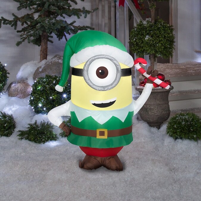 3.5' Gemmy Airblown Minion Stuart as Christmas Elf w/ Candy Cane 118992