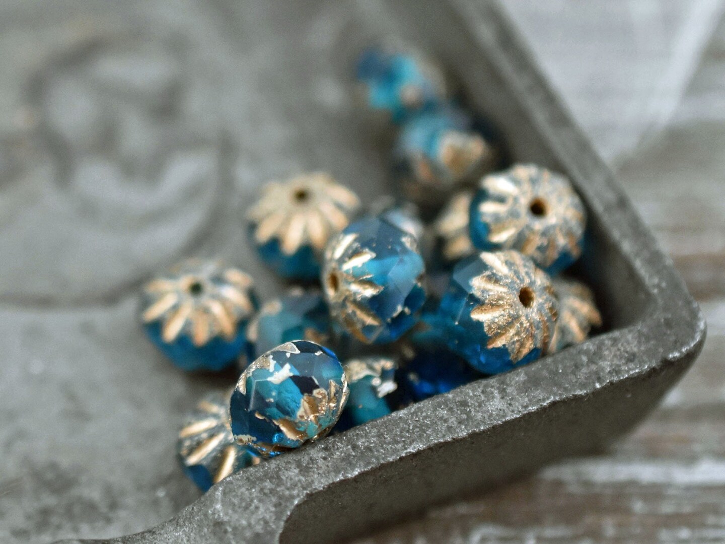 *25* 6x9mm Etched Gold Washed Pacific Blue Cruller Rondelle Beads