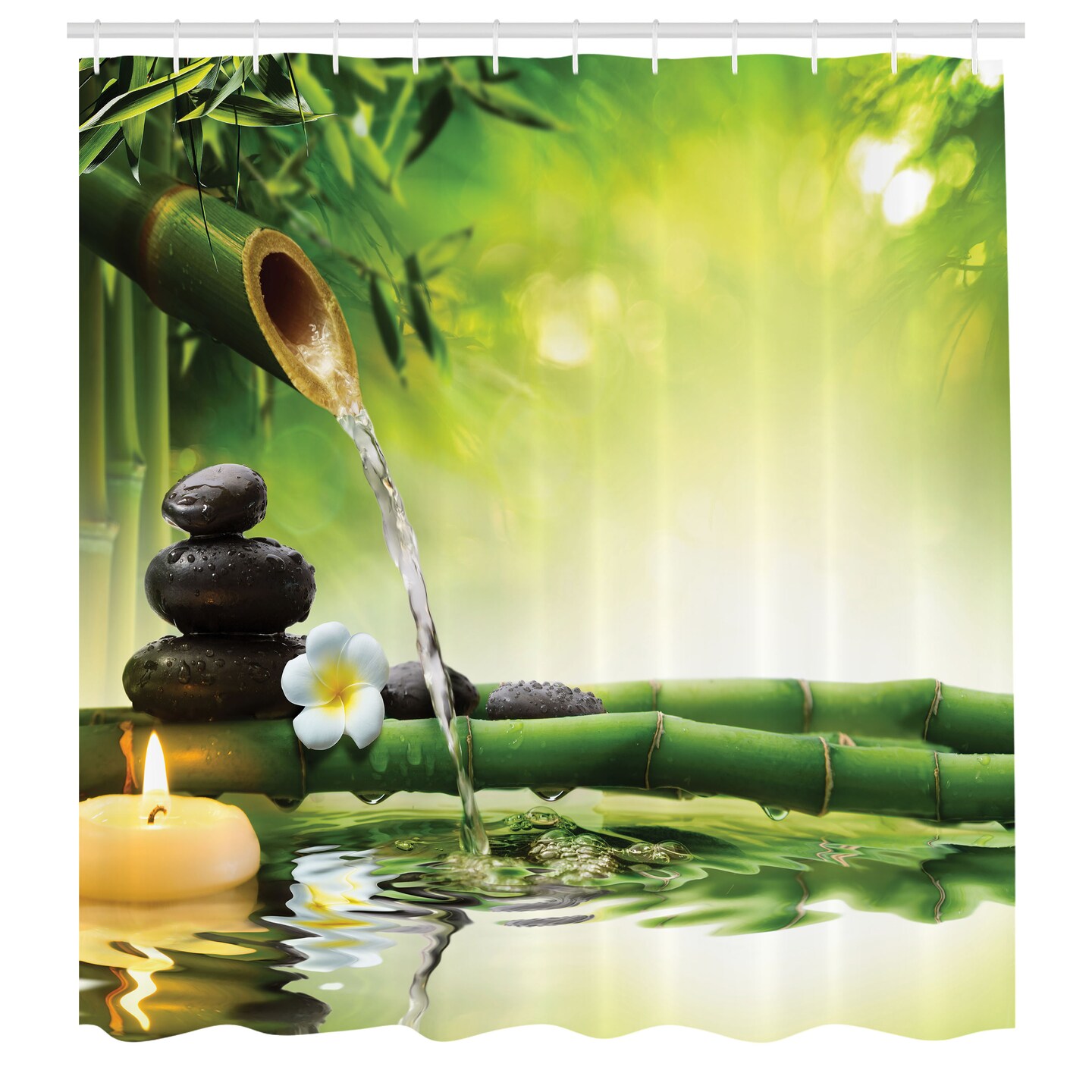 Ambesonne Spa Shower Curtain, Relaxing Meditation Art Theme Picture of Bamboo and Candle with Blurred Background, Cloth Fabric Decor for Apartment Bathroom Set with 12 Hooks, 69&#x22; W x 70&#x22; L, Multicolor