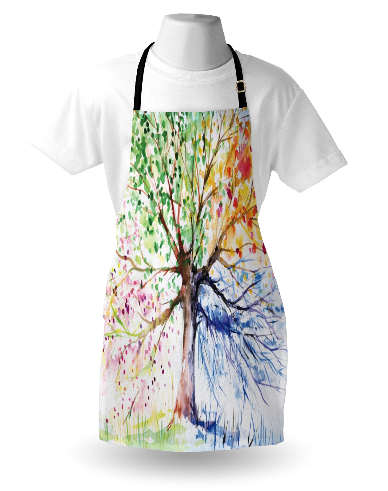 Ambesonne Tree Apron, Watercolor Nature Colorful Blooming Branches 4 Seasons Themed Illustration Print, Unisex Kitchen Bib with Adjustable Neck for Cooking Gardening, Adult Size, Multicolor