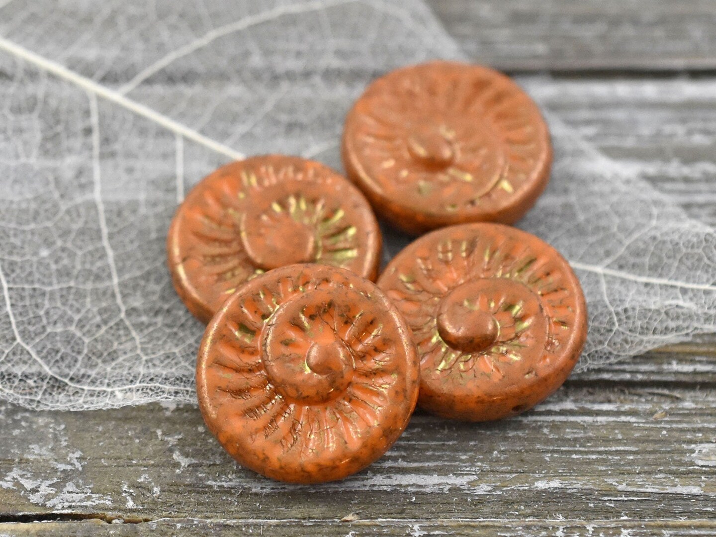 *4* 18mm Bronze Picasso Washed Opaque Orange Ammonite Fossil Beads