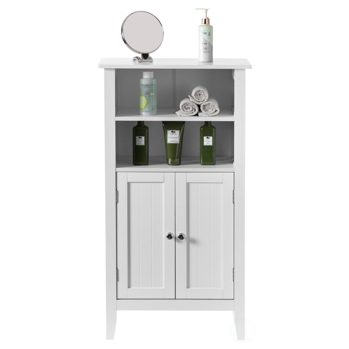 White Bathroom Storage Cabinet with 2 Doors and 2 Open Shelves for Bedroom, Bathroom, and Vanity