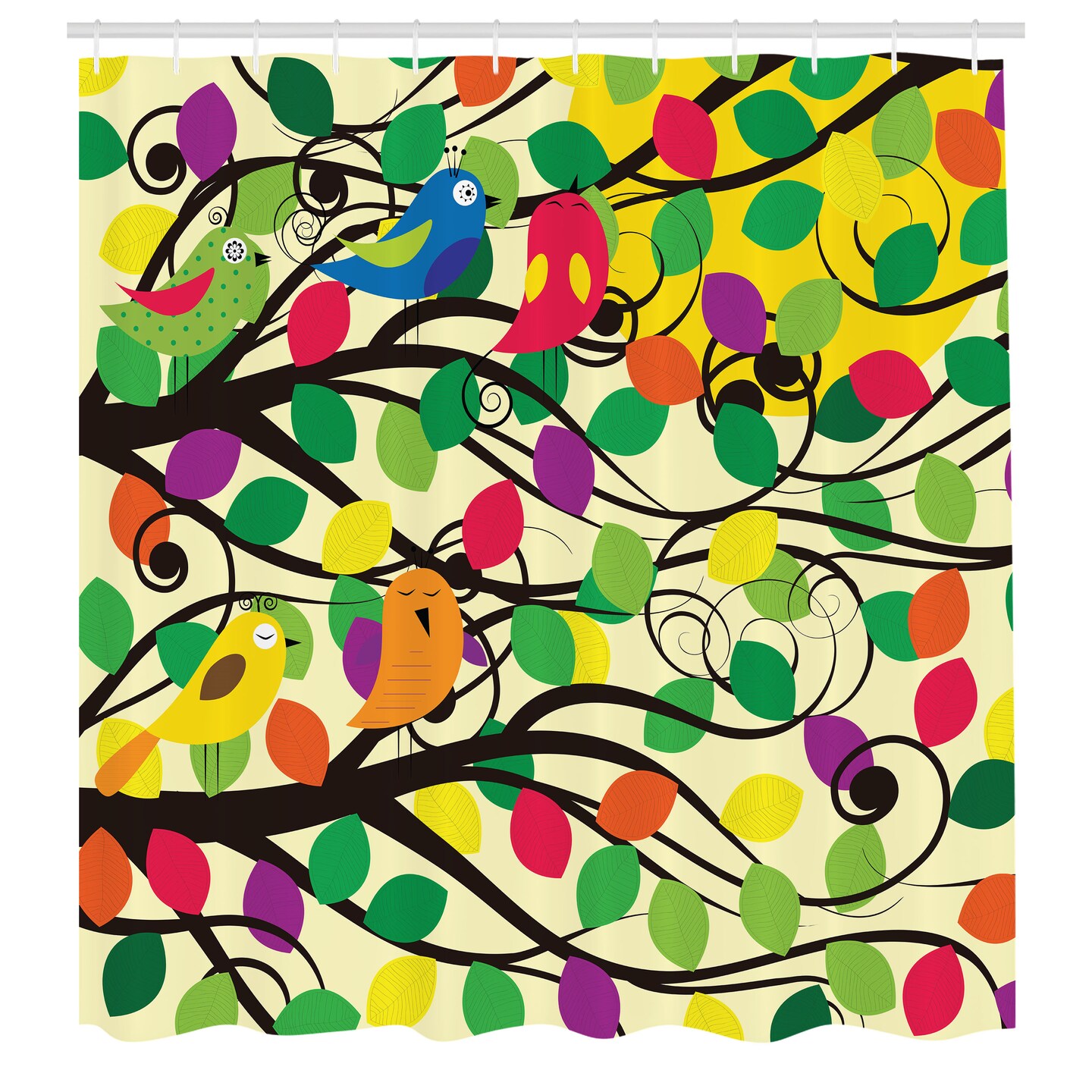 Ambesonne Birds Shower Curtain, Cheerful Happy Birds Singing on Lively Tree Branches with Colorful Spring Leaves, Cloth Fabric Bathroom Decor Set with Hooks, 69" W x 70" L, Eggshell Multicolor