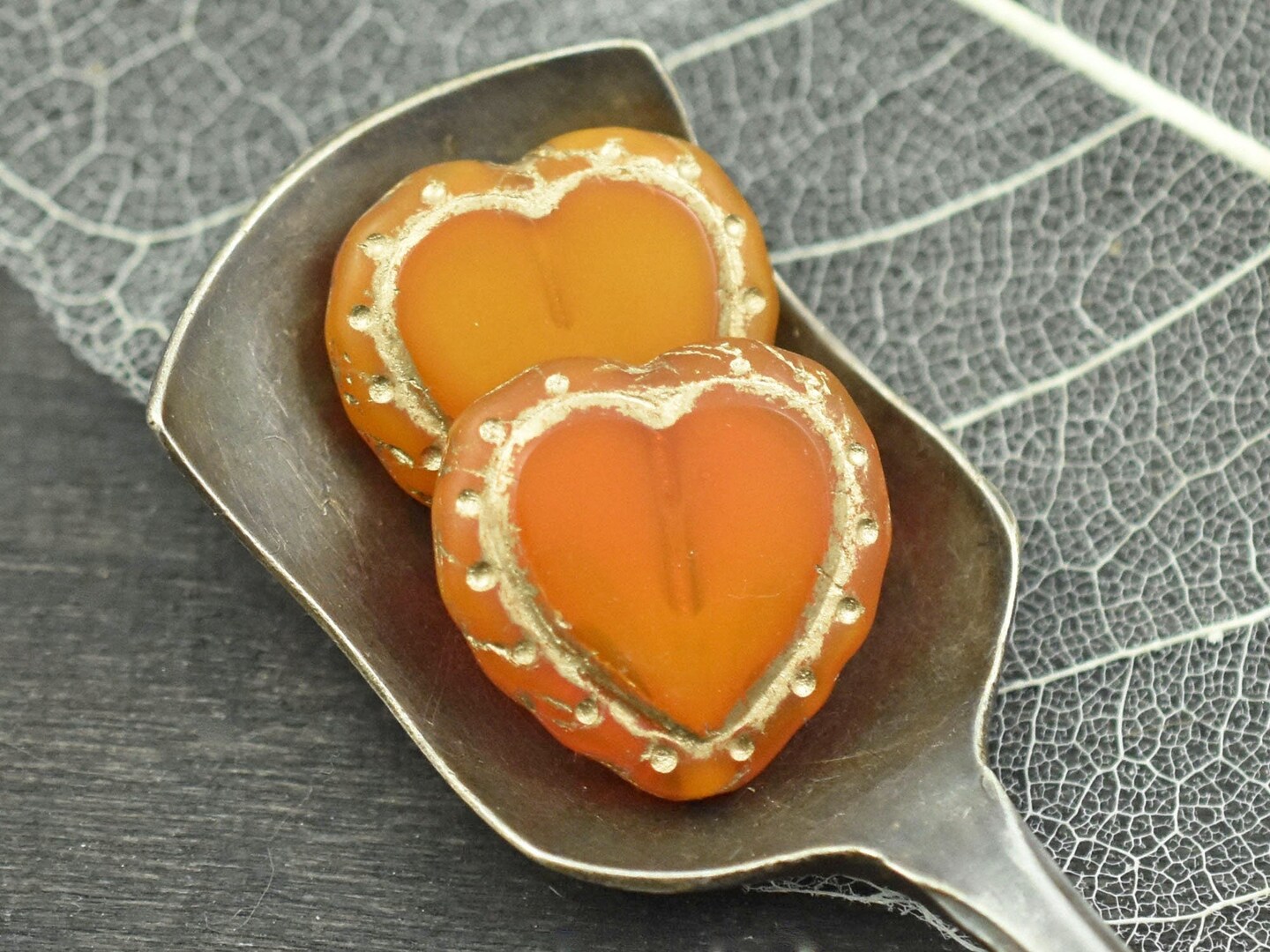 *2* 18mm Golden Bronze Washed Tangerine Opal Heart Beads