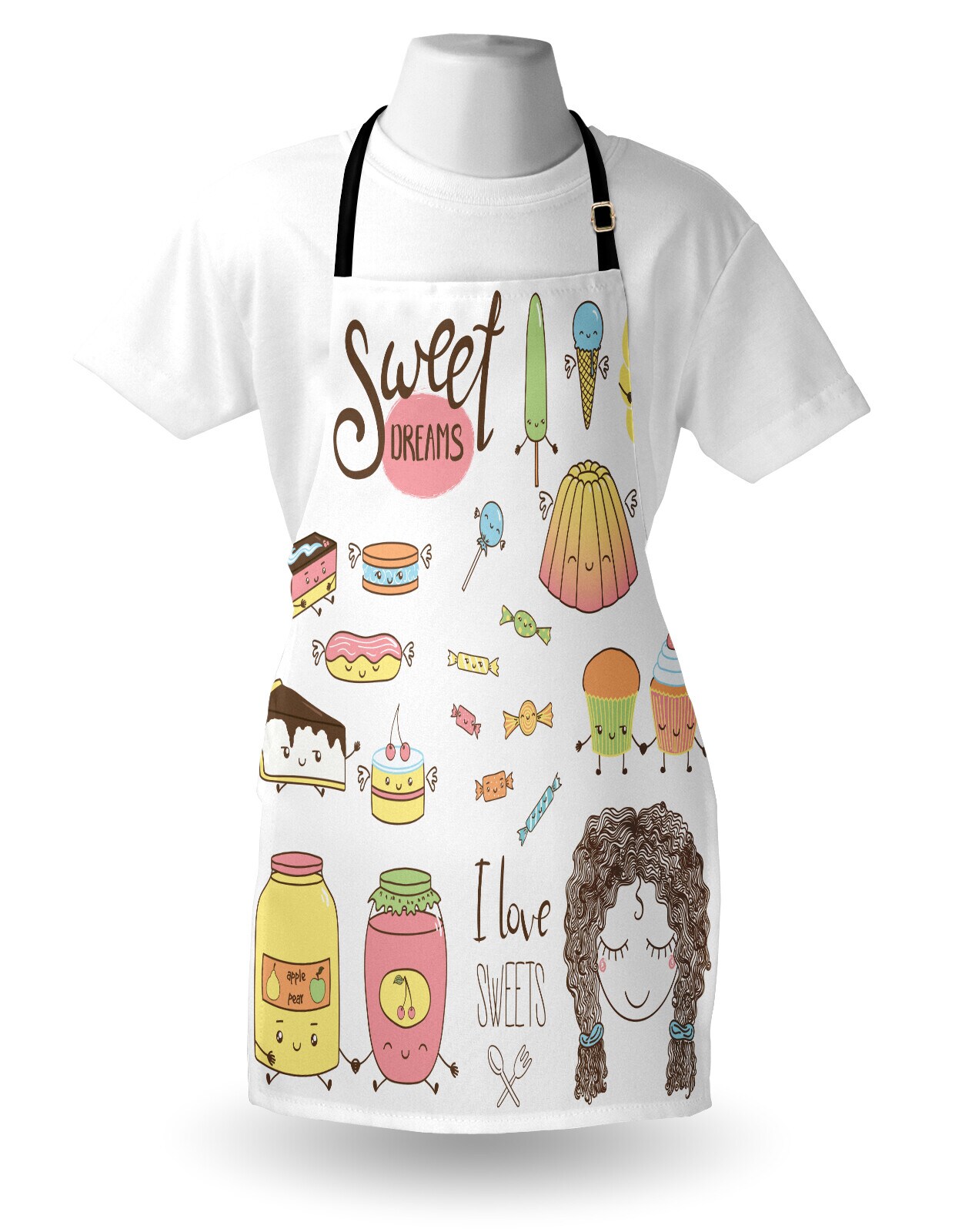 Ambesonne Saying Apron, Teen Girl Dreaming About Sweets Food Doodle Characters Kawaii Cartoon Faces, Unisex Kitchen Bib with Adjustable Neck for Cooking Gardening, Adult Size, Multicolor