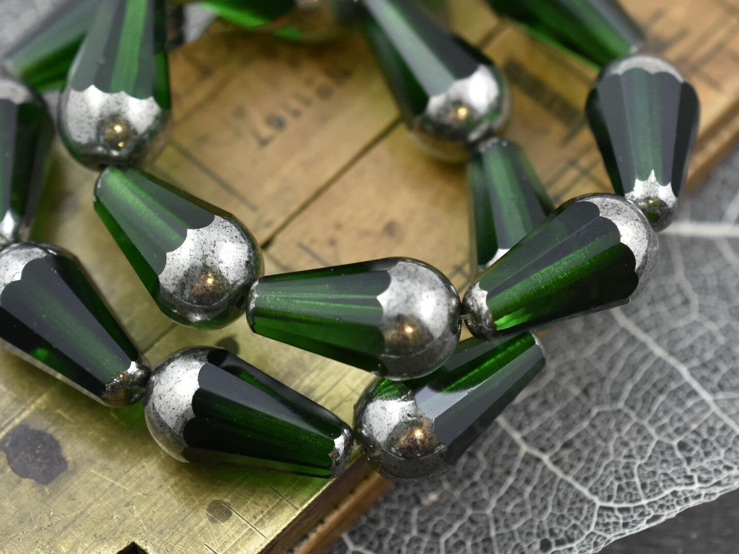 *4* 8x15mm Silver Tipped Emerald Green Faceted Drop Beads