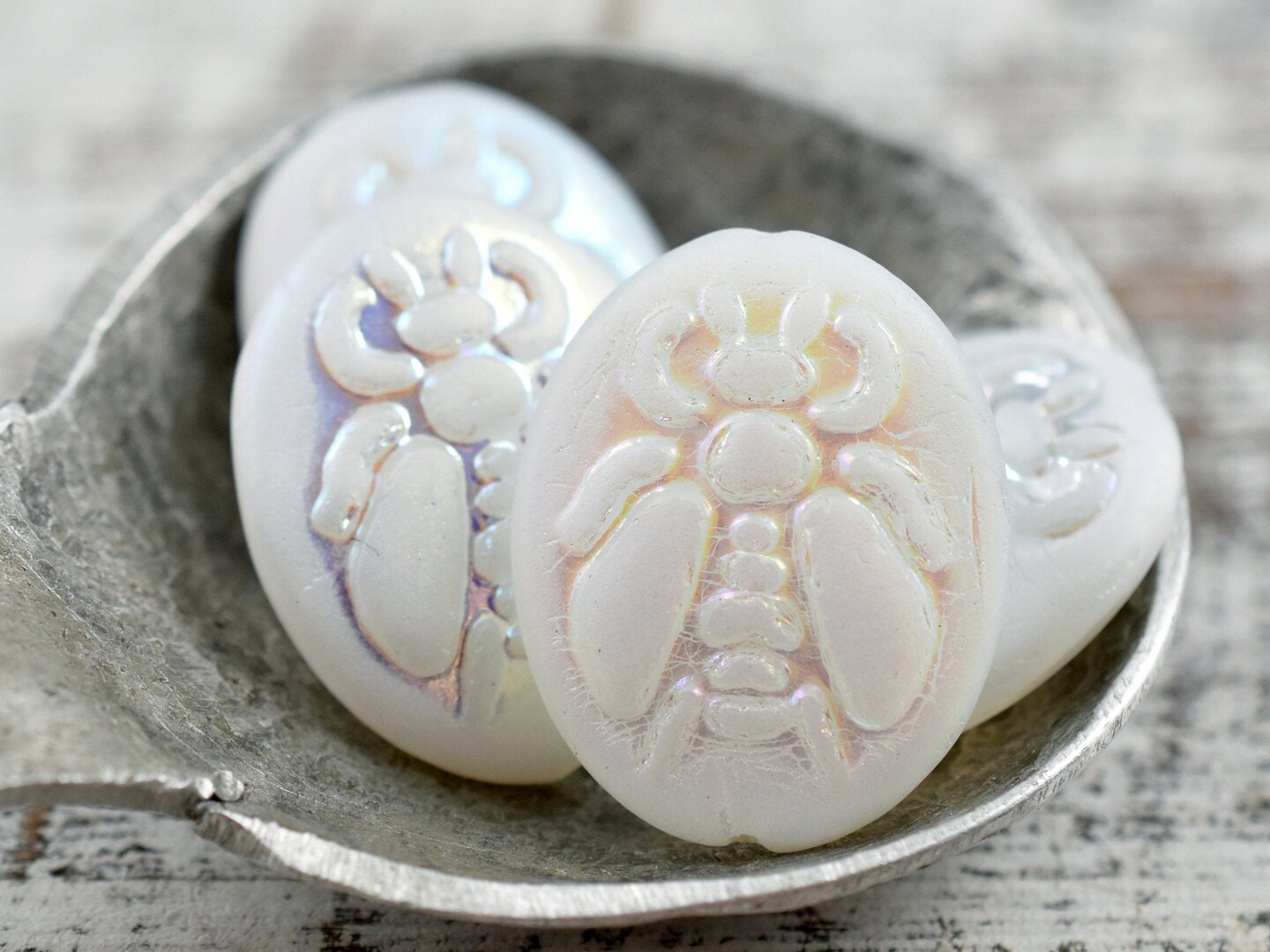 *2* 22x18mm Matte White Opal AB Bumblebee Oval Beads