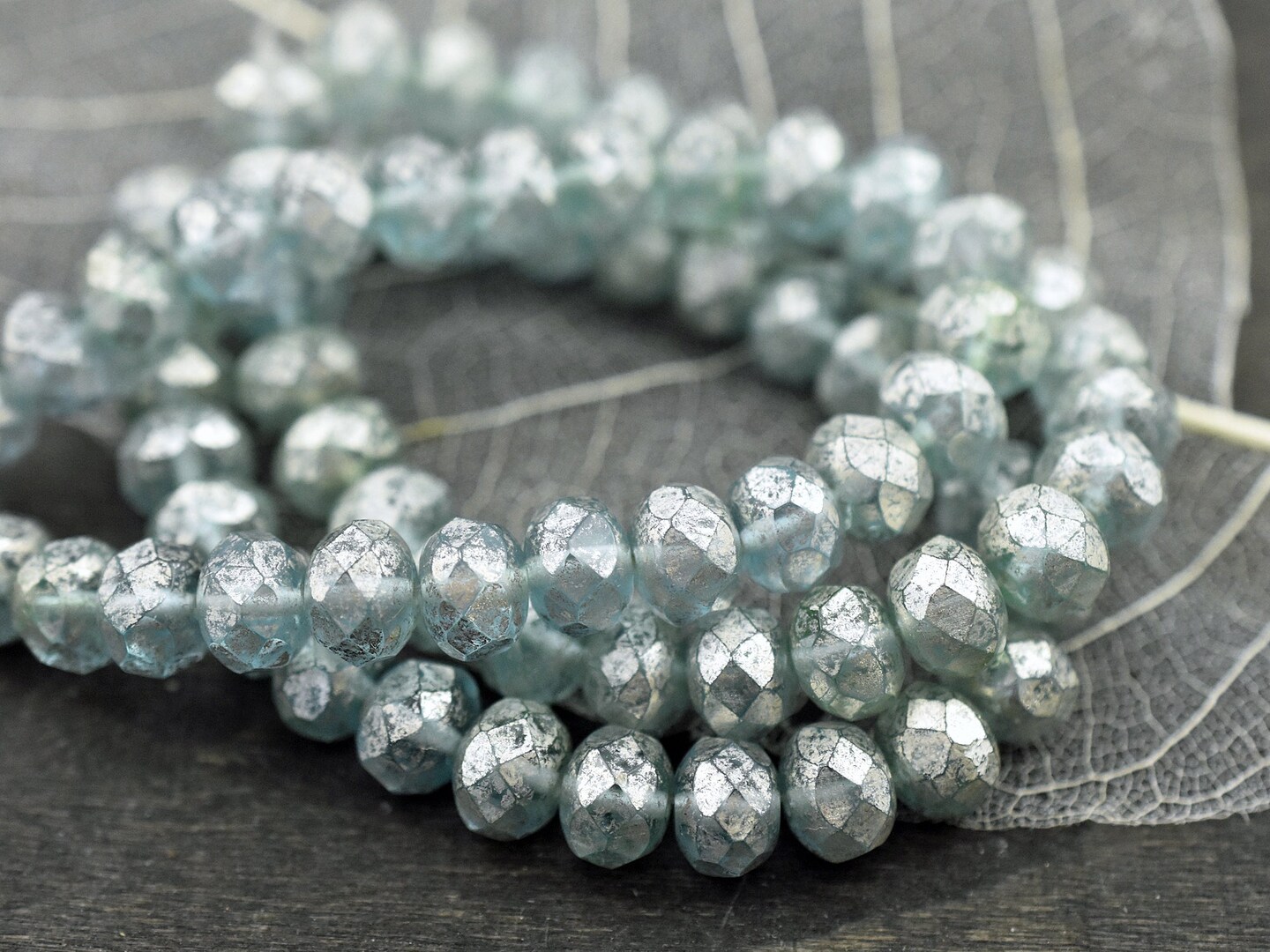 *25* 6x8mm Silver Mercury Washed Blue Aqua Fire Polished Rondelle Beads