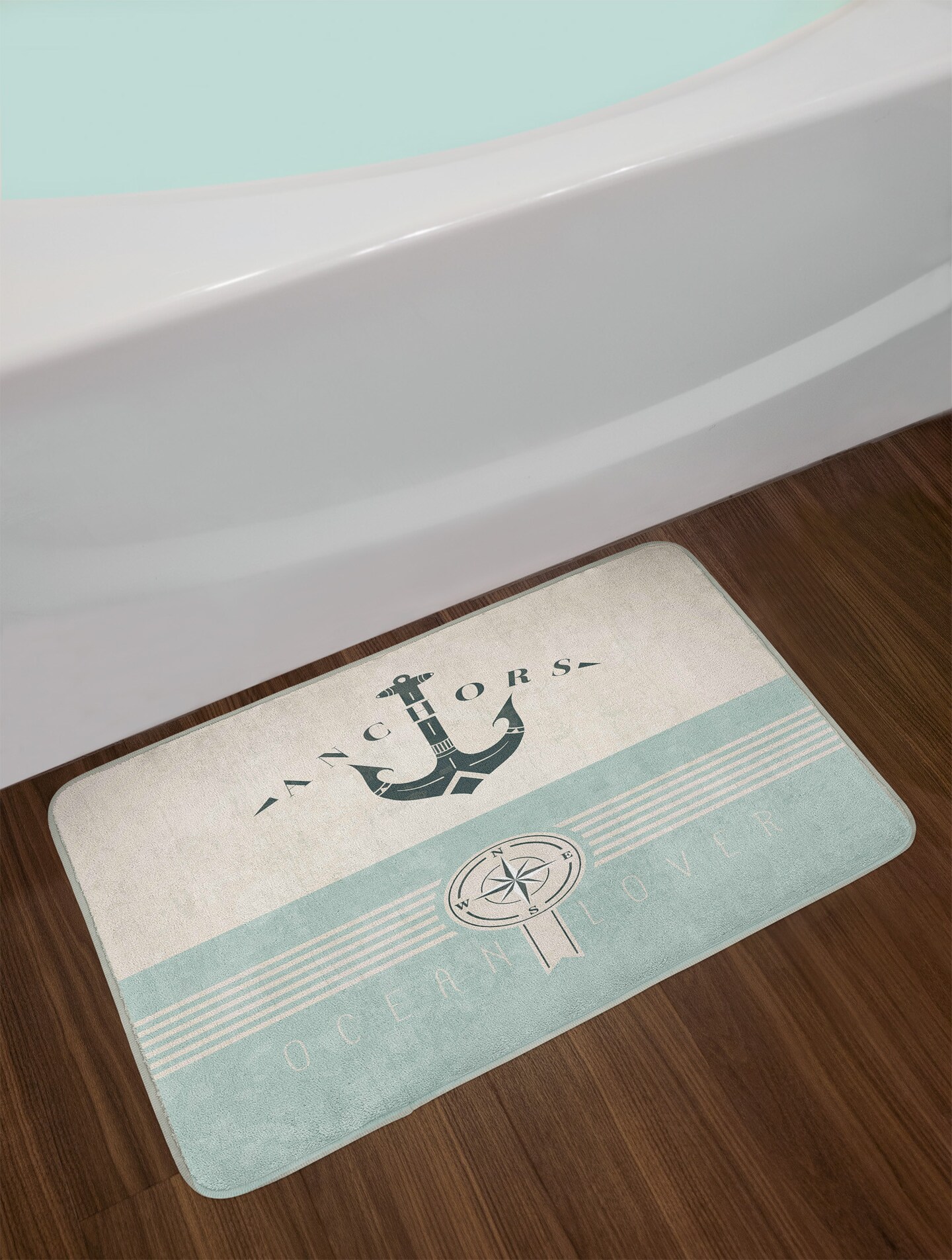 Ambesonne Nautical Bath Mat, Vintage Marine Design for Ocean Lovers Anchor Compass and Stripes, Plush Bathroom Decor Mat with Non Slip Backing, 29.5&#x22; X 17.5&#x22;, Beige Turquoise