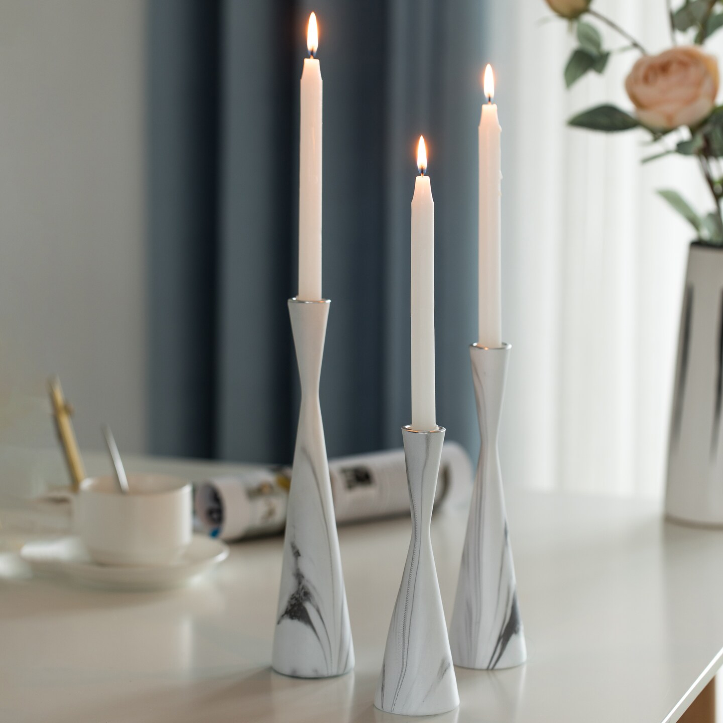 Marble Resin Candle Holders - Set of 3 Exquisite Decorative Taper Candlesticks for Luxurious Home Decor, Elegant Dining Table Centerpieces, Stylish Interior Accents, and Exclusive Event Illumination