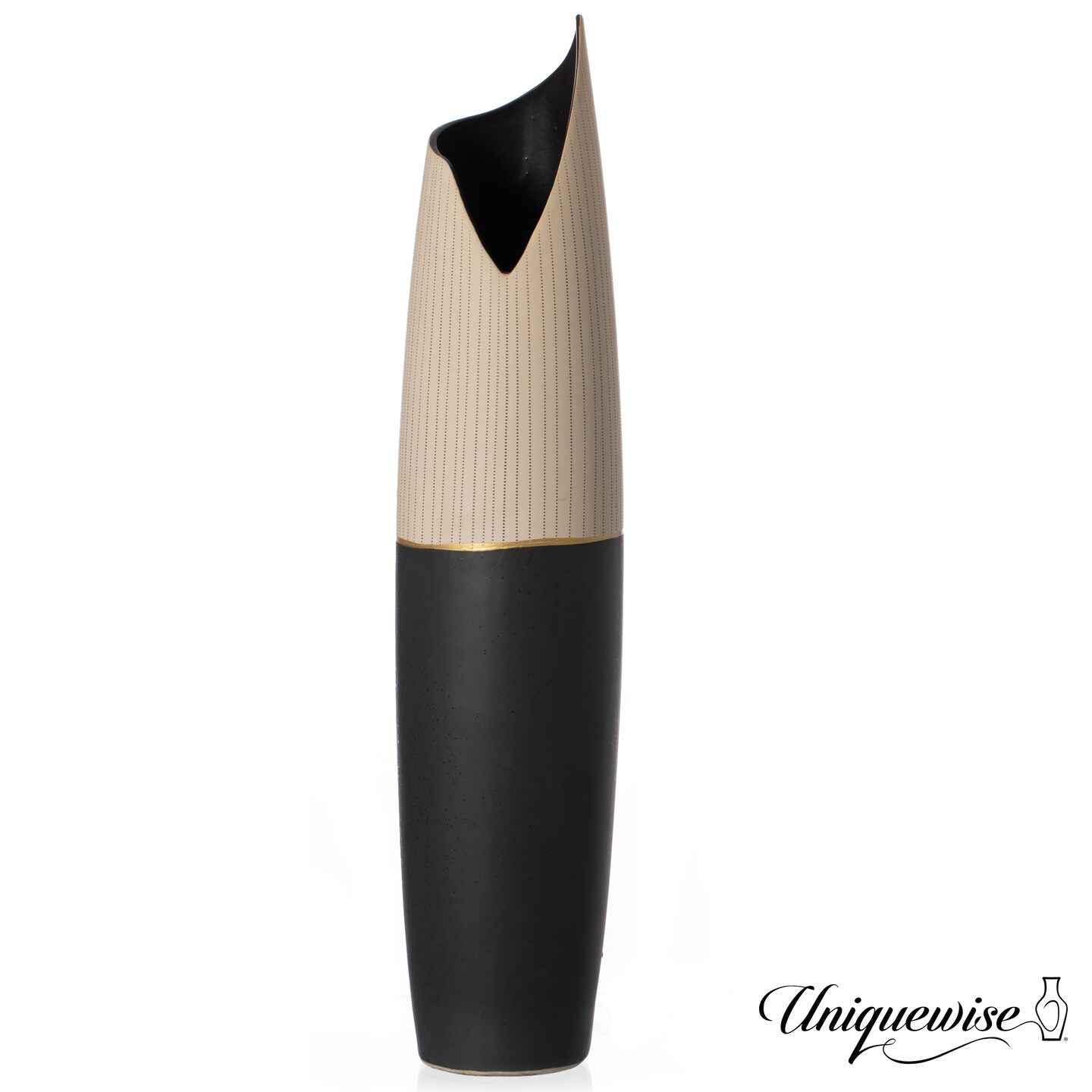 Freestanding Ceramic Floor Vase - Handcrafted Beige Polka Dot Striped Top and Black Bottom, Large Waterproof Vase for Tall Floral Arrangements, Unique Shaped Flower Holder
