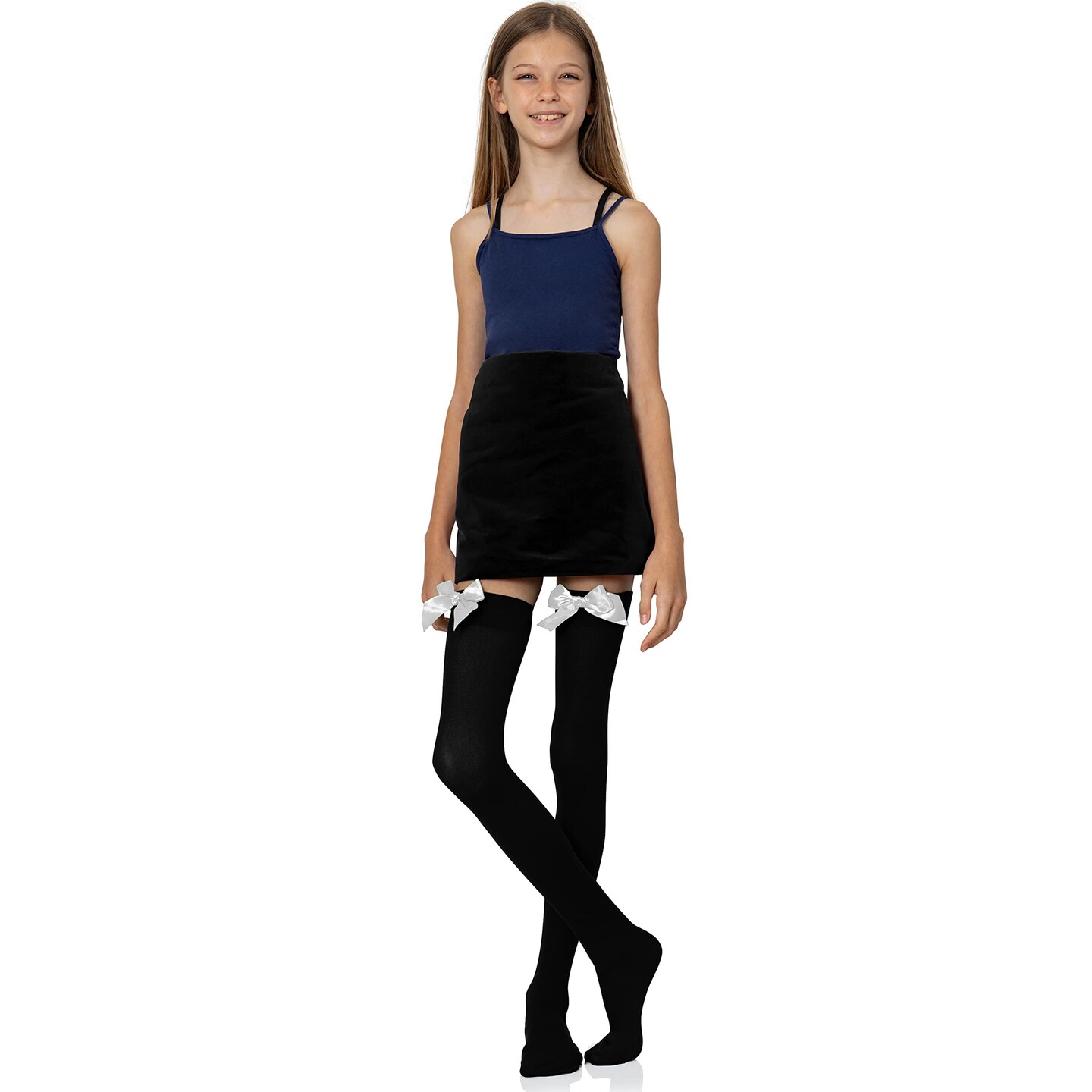 Bow Accent Thigh Highs Black Over The Knee High Stockings With White