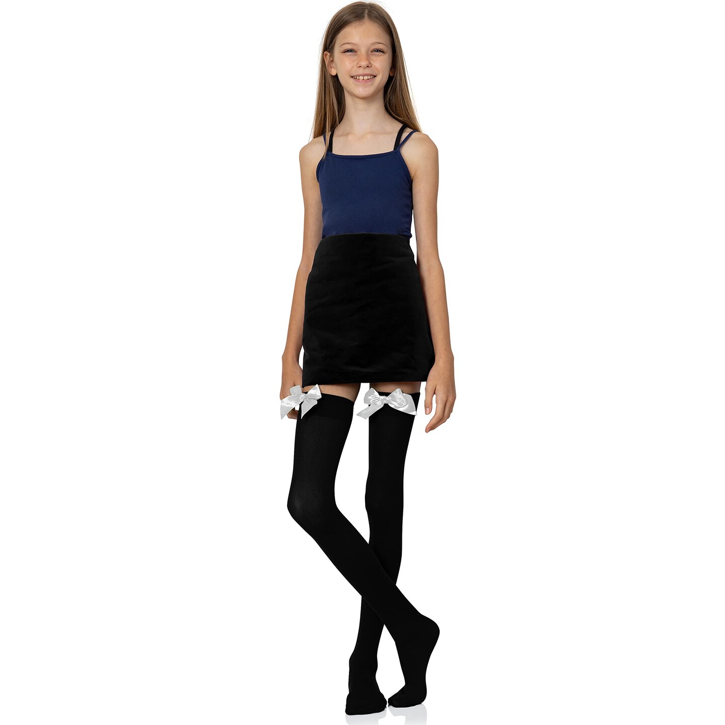 Bow Accent Thigh Highs Black Over The Knee High Stockings With White Satin Ribbon Bow Accent