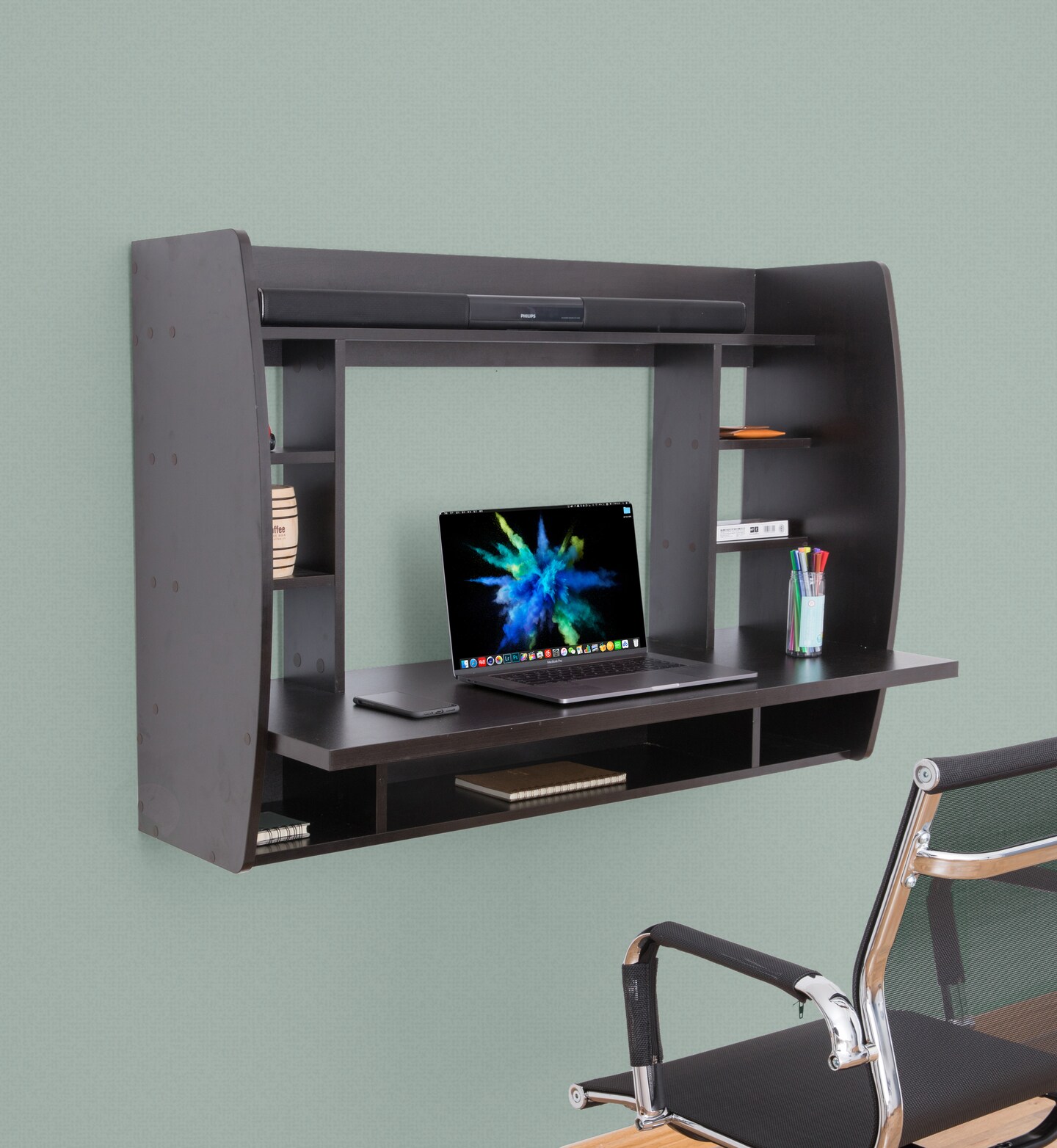Versatile Wall Mount Floating Computer Desk - Stylish and Space-Saving Writing Study Table with Shelves - Ideal for Living Room, Bedroom, and Home Office
