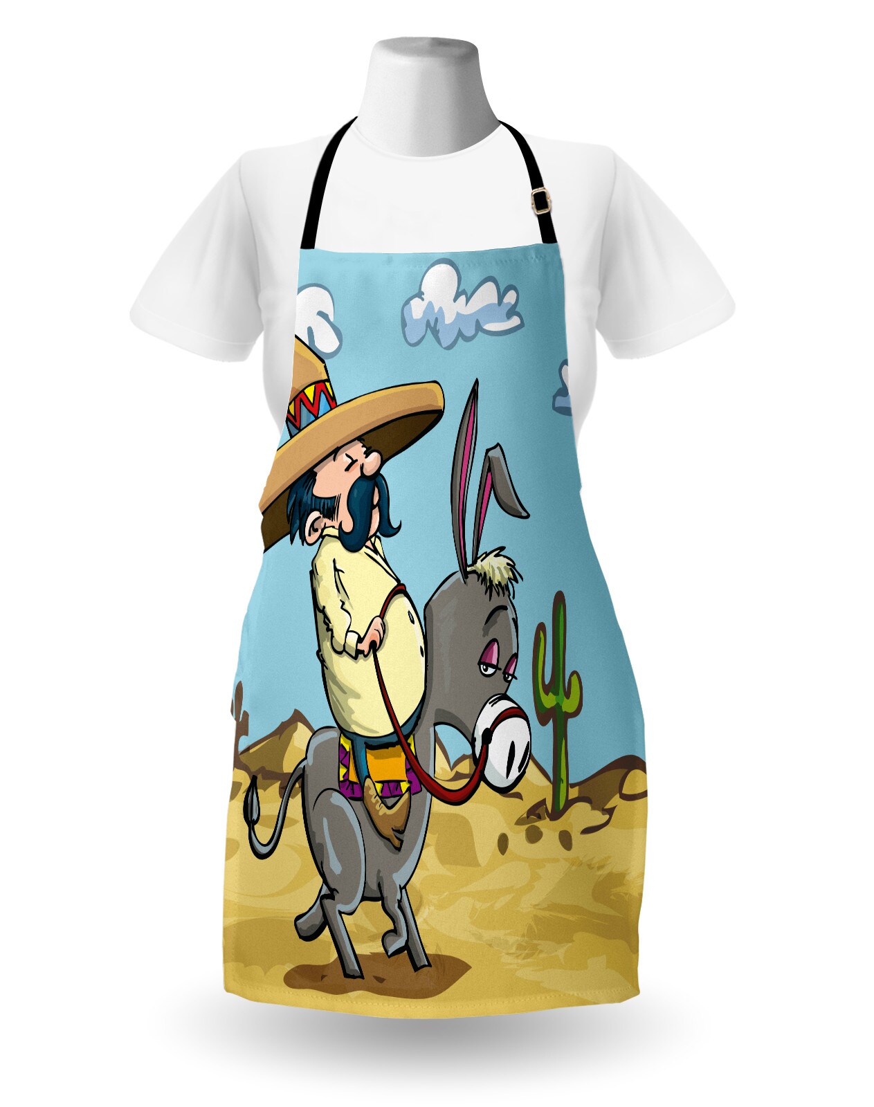 Ambesonne Cartoon Apron, Mexican Man Wearing Sombrero Hat Riding a Donkey in the Desert with Cactus Plants, Unisex Kitchen Bib with Adjustable Neck for Cooking Gardening, Adult Size, Multicolor