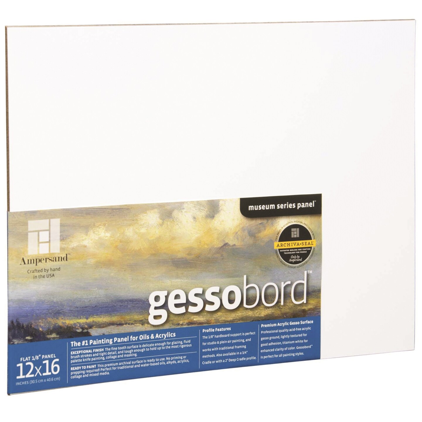 Ampersand Art Supply Gesso Wood Painting Panel: Museum Series Gessobord,  12 x 16, 1/8 Inch Flat Profile