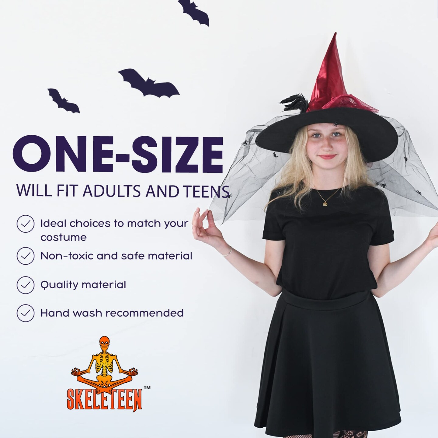 Deluxe Pointed Witch Hat - Glamorous Red Witches Accessories Fancy Satin Hat with Bow, Spiders and Black Feathers