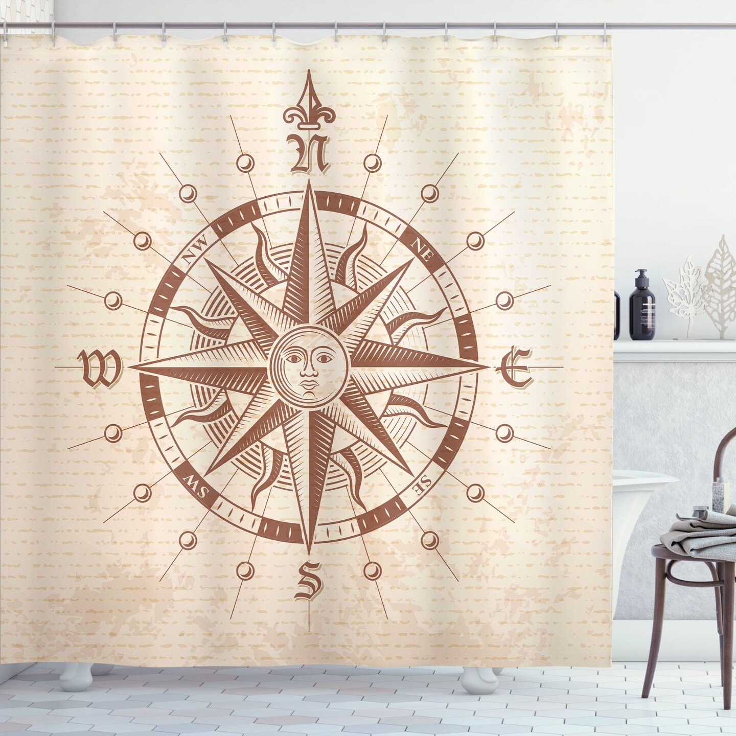 Ambesonne Compass Shower Curtain, Old Compass Rose a Sun Face Lady on It Instrument Distances Between Points Graphic, Cloth Fabric Bathroom Decor Set with Hooks, 69" W x 70" L, Tan Brown