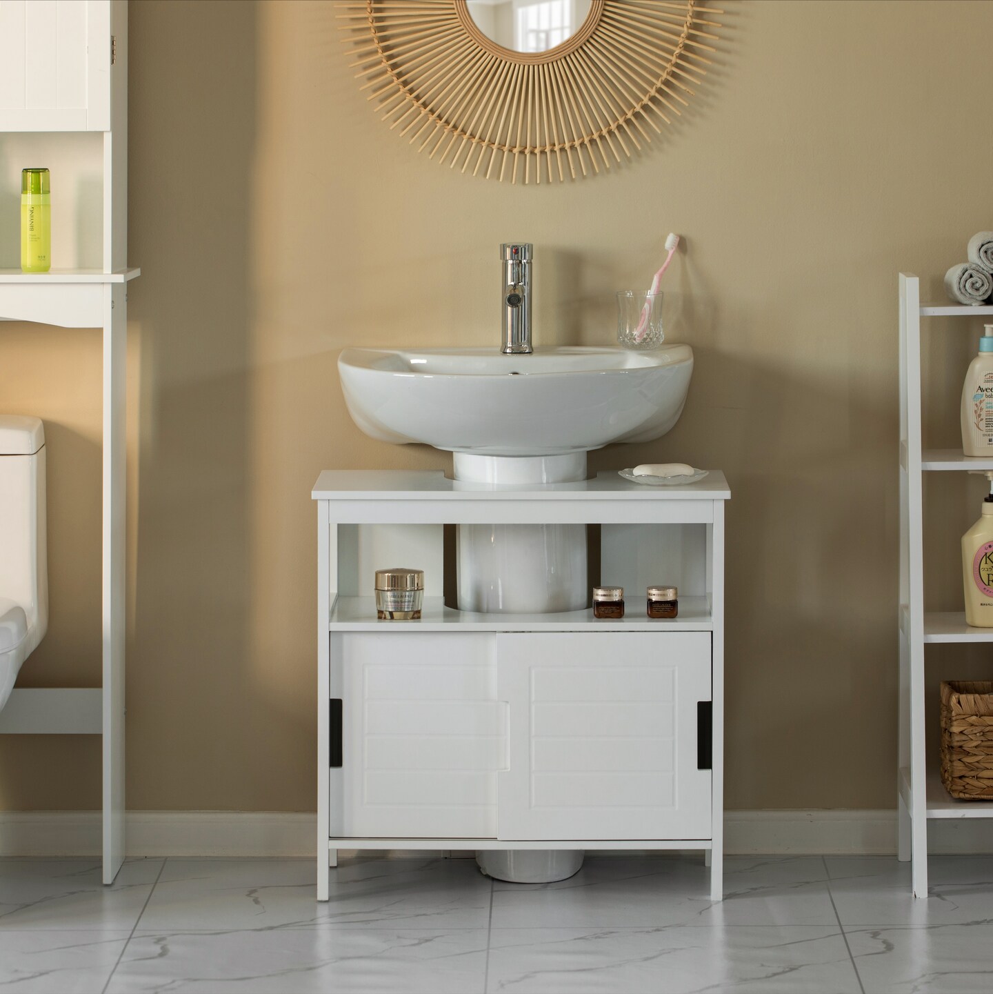 White Vanity Sink Base 2 Door Cabinet Storage U Shape Organizer, Rolling Doors, and Open Shelf