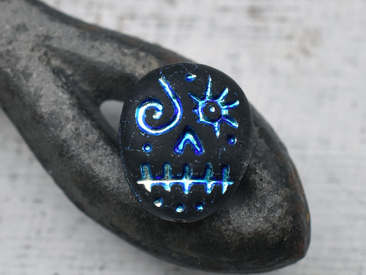 *4* 15x13mm Blue Metallic Washed Matte Black Voodoo Face Beads
