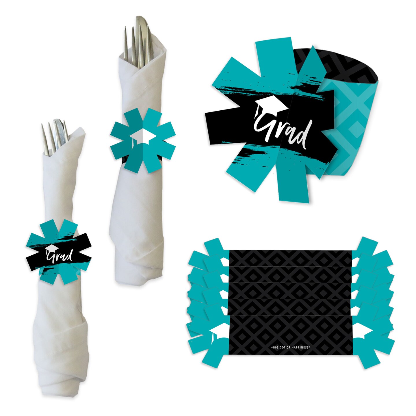 Big Dot of Happiness Teal Grad - Best is Yet to Come - Turquoise Graduation Party Paper Napkin Holder - Napkin Rings - Set of 24