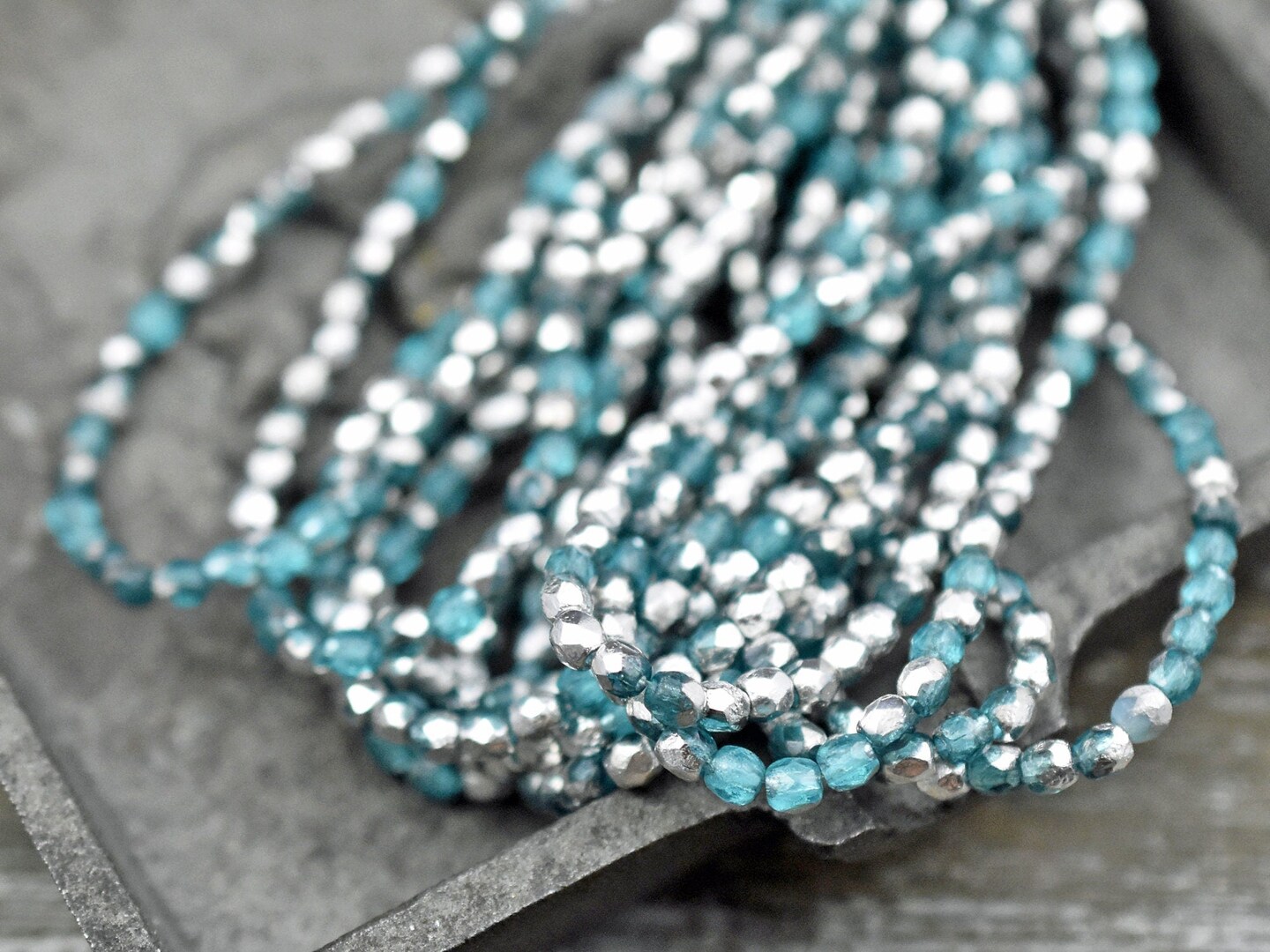 *50* 3mm Silver Washed Etched Teal Fire Polished Round Beads