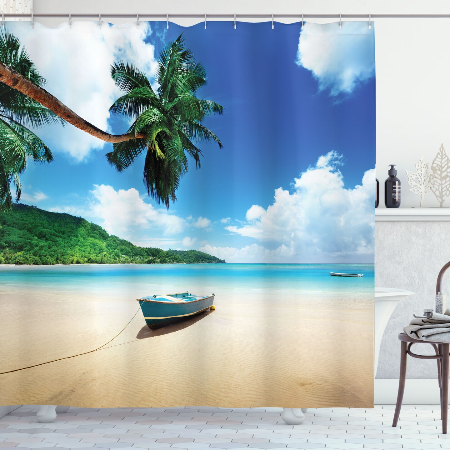 Ambesonne Beach Shower Curtain, Boat on The Beach Mahe Island Lagoon  Seychelles Exotic Shoreline Image, Cloth Fabric Bathroom Decor Set with  Hooks, 69 W x 75 L, Blue Green Sand Brown