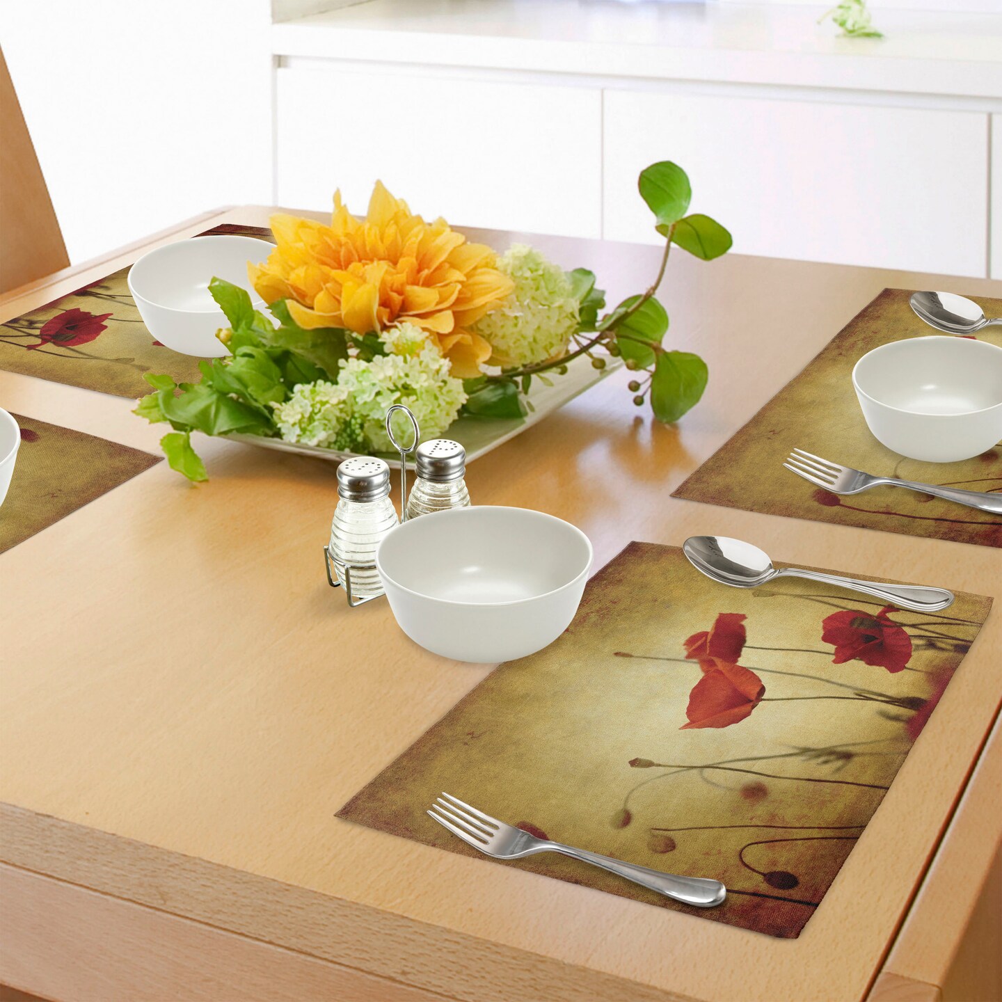 Ambesonne Poppy Flower Place Mats Set of 4, Flower and Buds on Ambient Grunge Background Retro Effects Bohemian, Washable Fabric Placemats for Dining Table, Standard Size, Pale Brown Vermilion