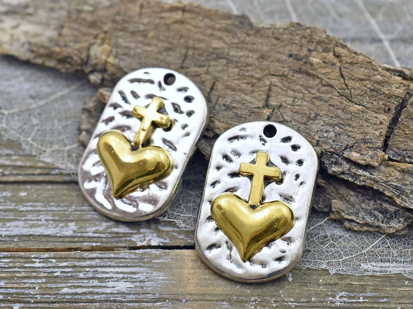 *2* 30x20mm Antique Silver w/ Gold Hammered Heart &#x26; Cross Dog Tag Charm Pendants