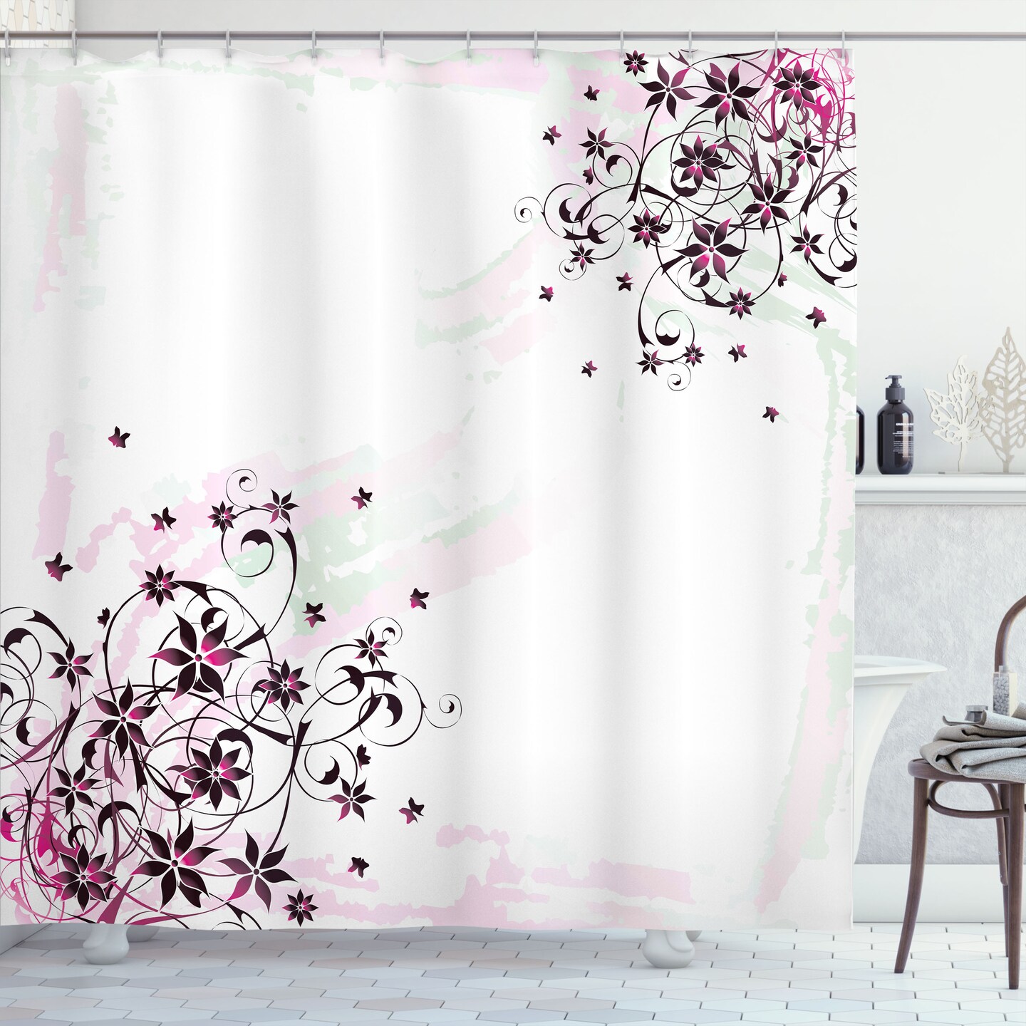 Ambesonne Floral Shower Curtain, Grunge Flower Motif with Swirled Leaves Florets Paintbrush Illustration, Cloth Fabric Bathroom Decor Set with Hooks, 69" W x 70" L, Black Pale Pink Mint