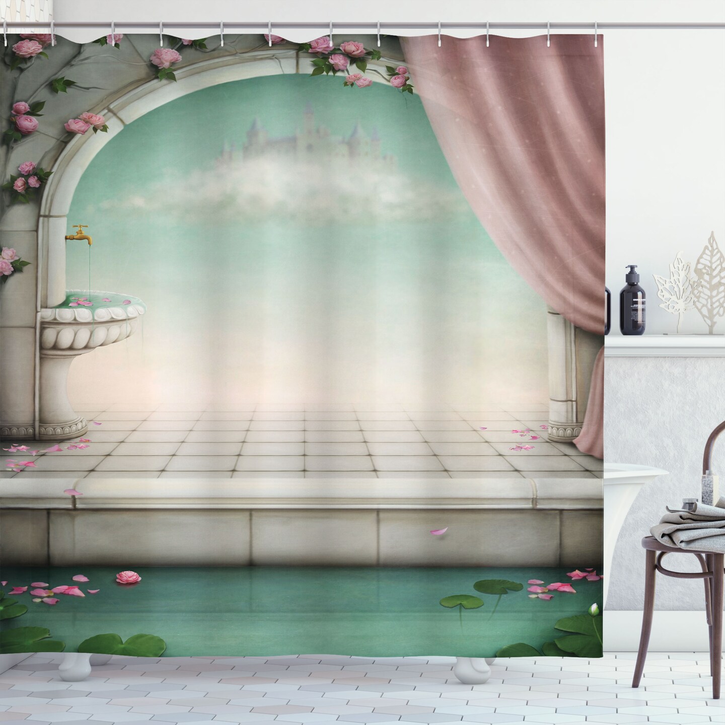 Ambesonne Irish Shower Curtain, Pastel Design Imaginary Place Tale Clouds Curtains of Royal Balcony Far Away Land Illustration Artwork, Fabric Bathroom Decor Set with Hooks, 69&#x22; W x 75&#x22; L, Green Pink