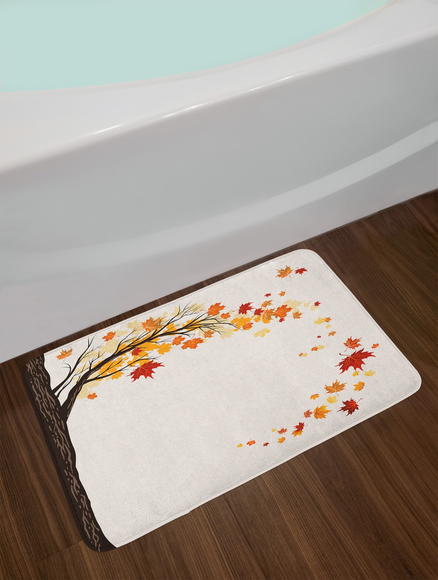 Ambesonne Fall Bath Mat, Leaf Group Motion in Mother Earth Transition from Summer to Winter Season Theme, Plush Bathroom Decor Mat with Non Slip Backing, 29.5&#x22; X 17.5&#x22;, Brown Orange