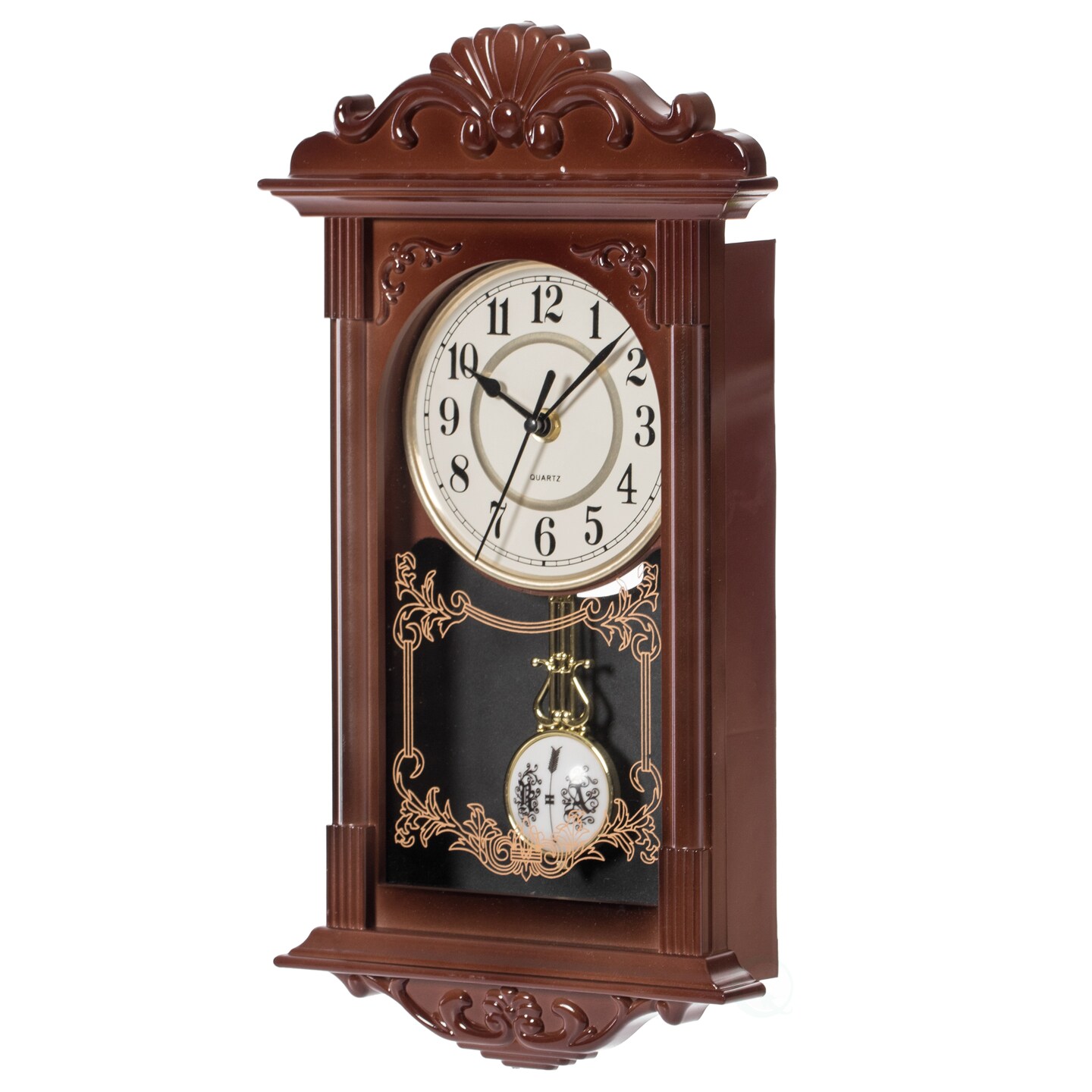 Clockswise Vintage Grandfather Wood-Looking Plastic Pendulum Decorative Battery Operated Wall Clock Brown, for Office, Home Decor, Living Room, Kitchen, or Dining Room