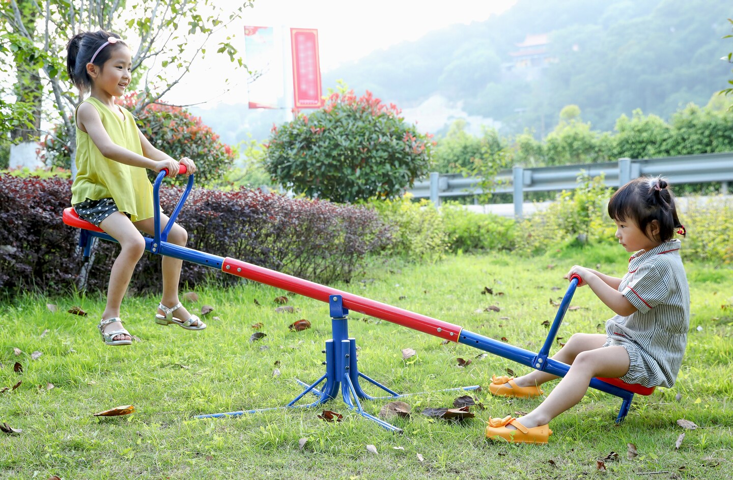 Outdoor Red and Blue Metal Rotating Seesaw