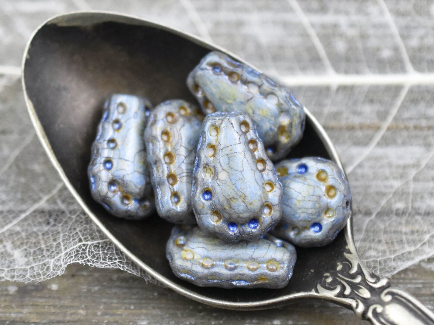 *6* 17x12mm Opaque Alabaster Blue Sage Lacy Teardrop Beads