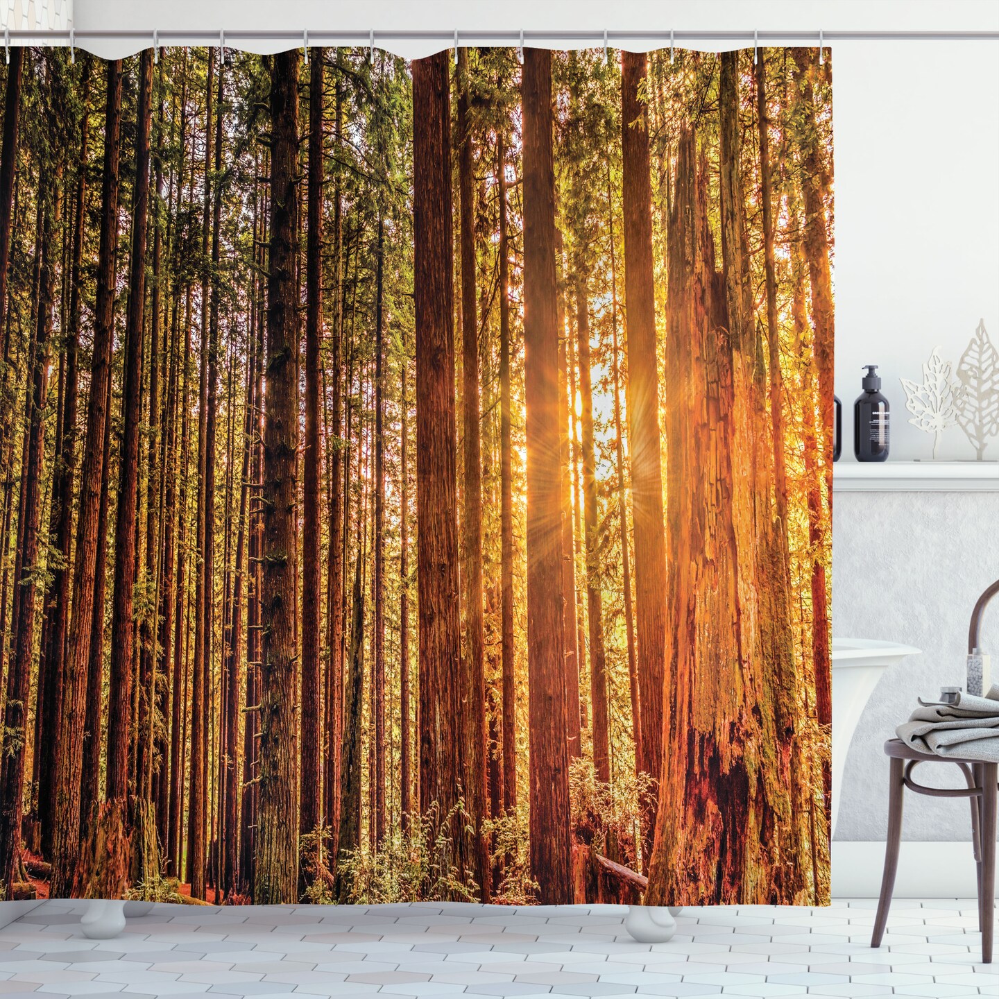 Ambesonne United States Shower Curtain, Tall Trees Red Woods Forest Humboldt California Sequoia Picture, Cloth Fabric Bathroom Decor Set with Hooks, 69" W x 75" L, Orange Dark Brown Green