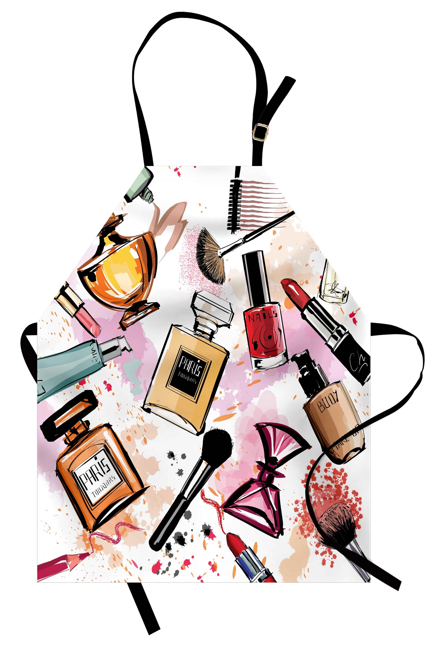 Ambesonne Fashion Apron, Cosmetic and Makeup Theme Pattern Perfume Lipstick Nail Polish Brush Modern, Unisex Kitchen Bib with Adjustable Neck for Cooking Gardening, Adult Size, Multicolor