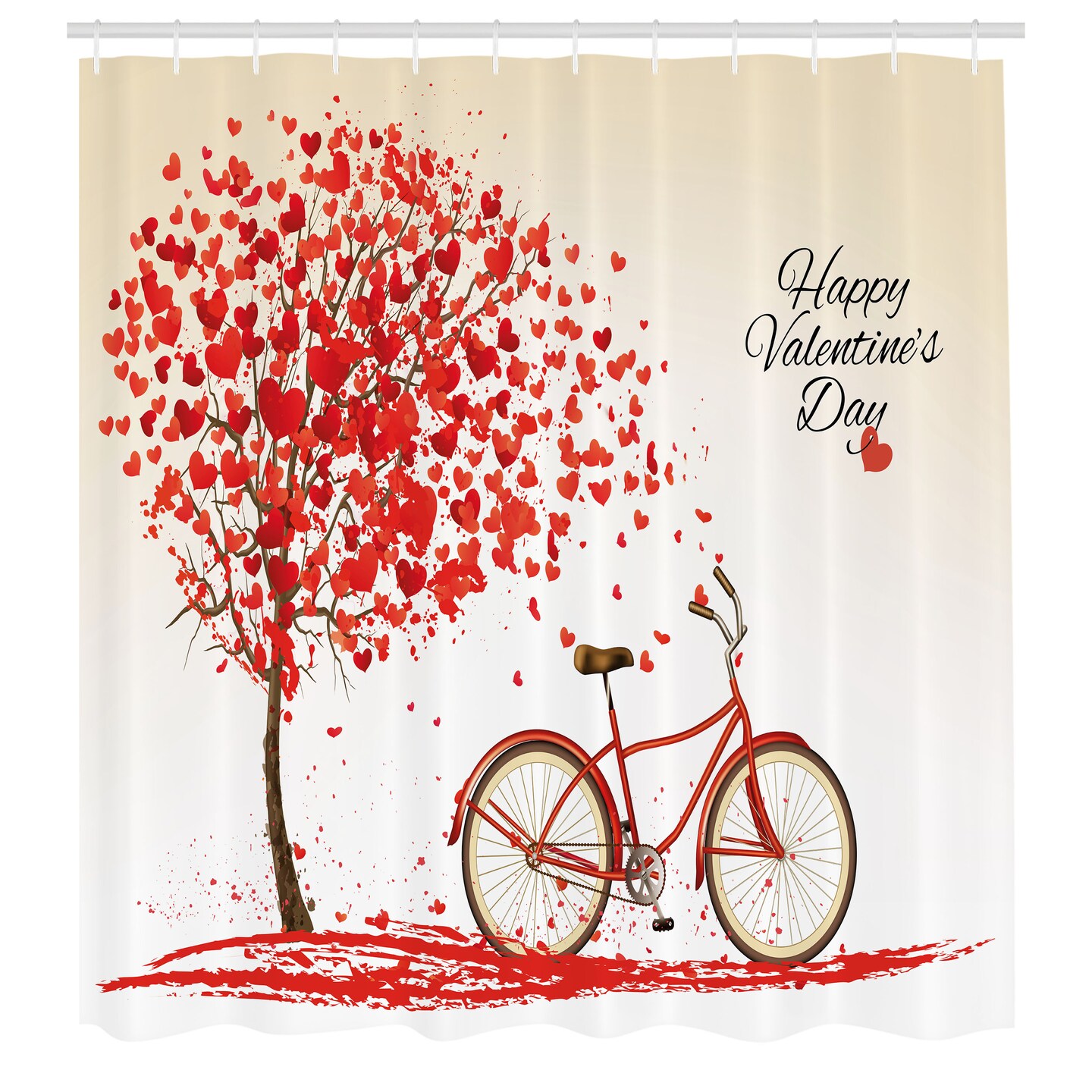 Ambesonne Valentines Day Shower Curtain, Romantic Tree with Blooming Hearts with Bike and Petals Vintage Art, Cloth Fabric Bathroom Decor Set with Hooks, 69" W x 70" L, Cream Vermilion