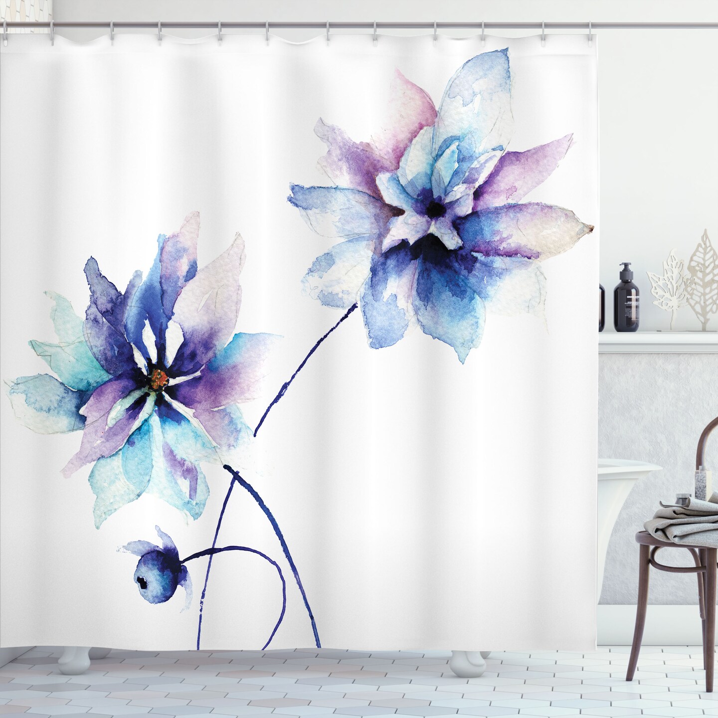 Ambesonne Watercolor Flower Shower Curtain with Hooks Flourishing Drawing with Soft Spring Colors in Retro Style Art Luxury Cloth Fabric Set for Home Dorm & Bathroom Decor 69" W x 70" L White Purple