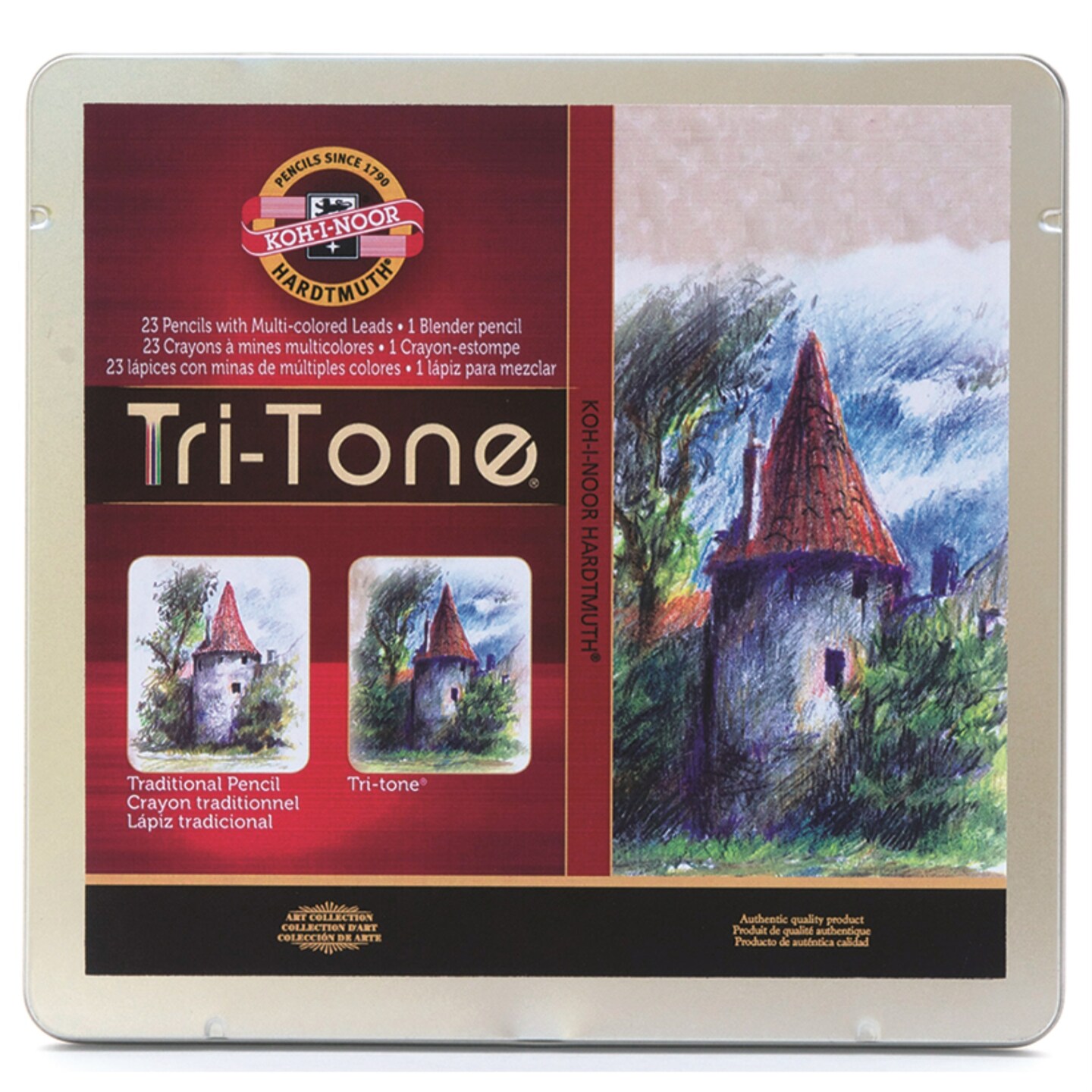 Koh-I-Noor Tri-Tone Multi-Colored Pencil Set, 24 Assorted Colors in Tin and  Blister-Carded (FA33TIN24BC)