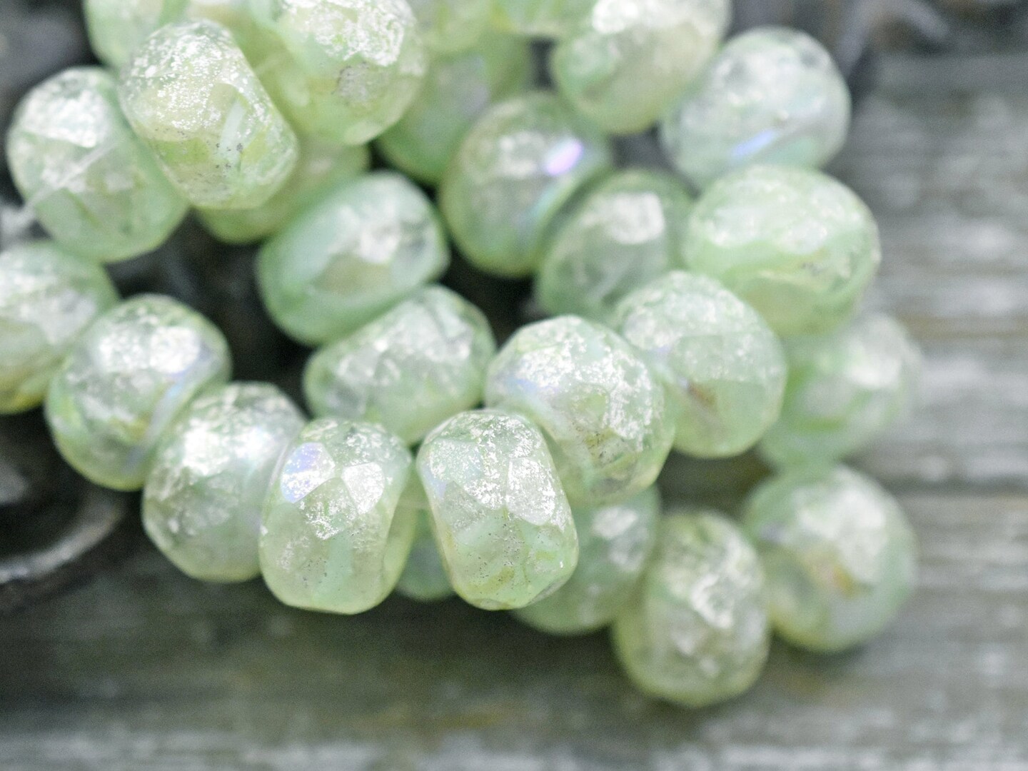 *4* 8x12mm Silver Mercury Washed Mint Crystal  AB Roller Rondelle Beads